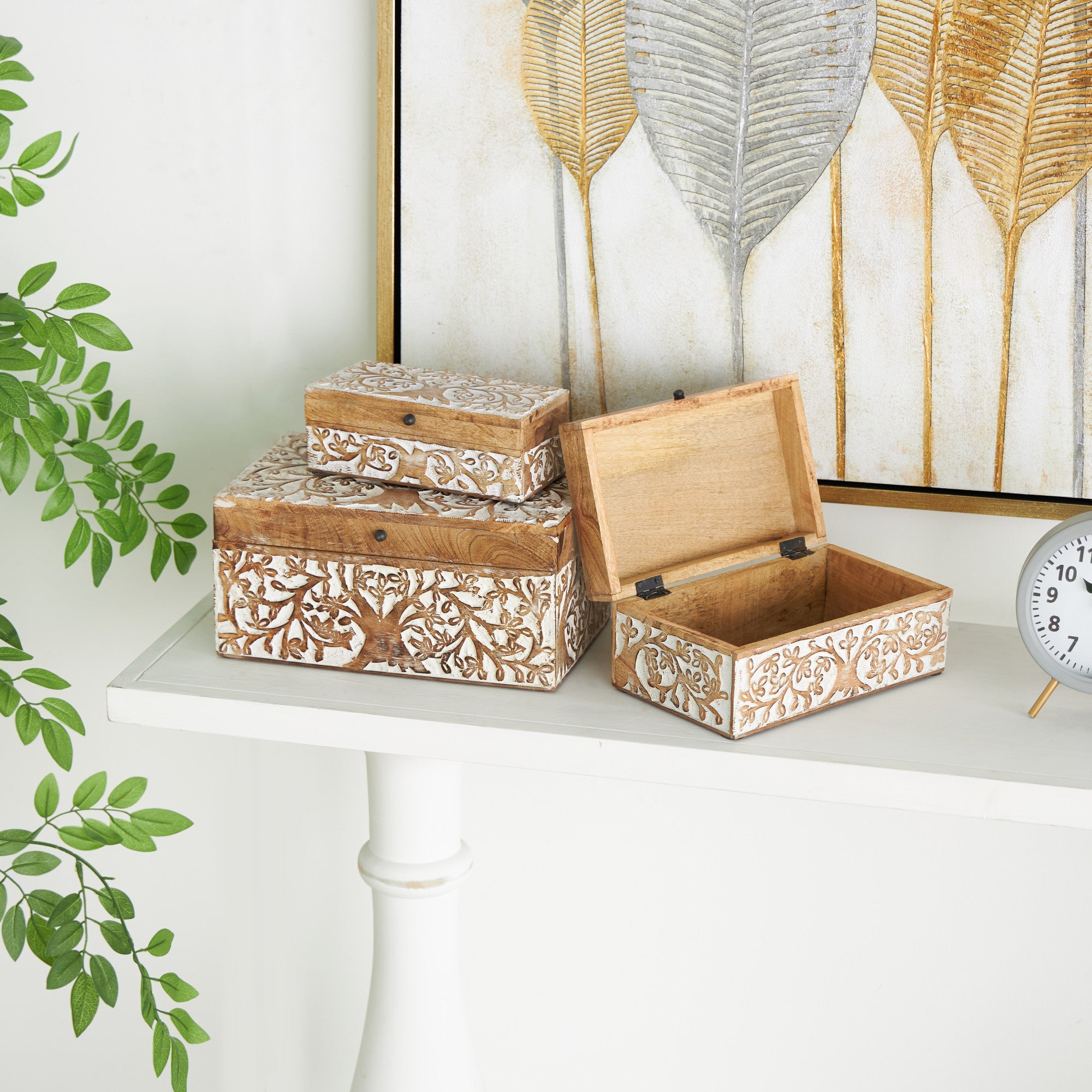 Set of 3 Tree Brown Mango Wood Carved Decorative Box with White Backing