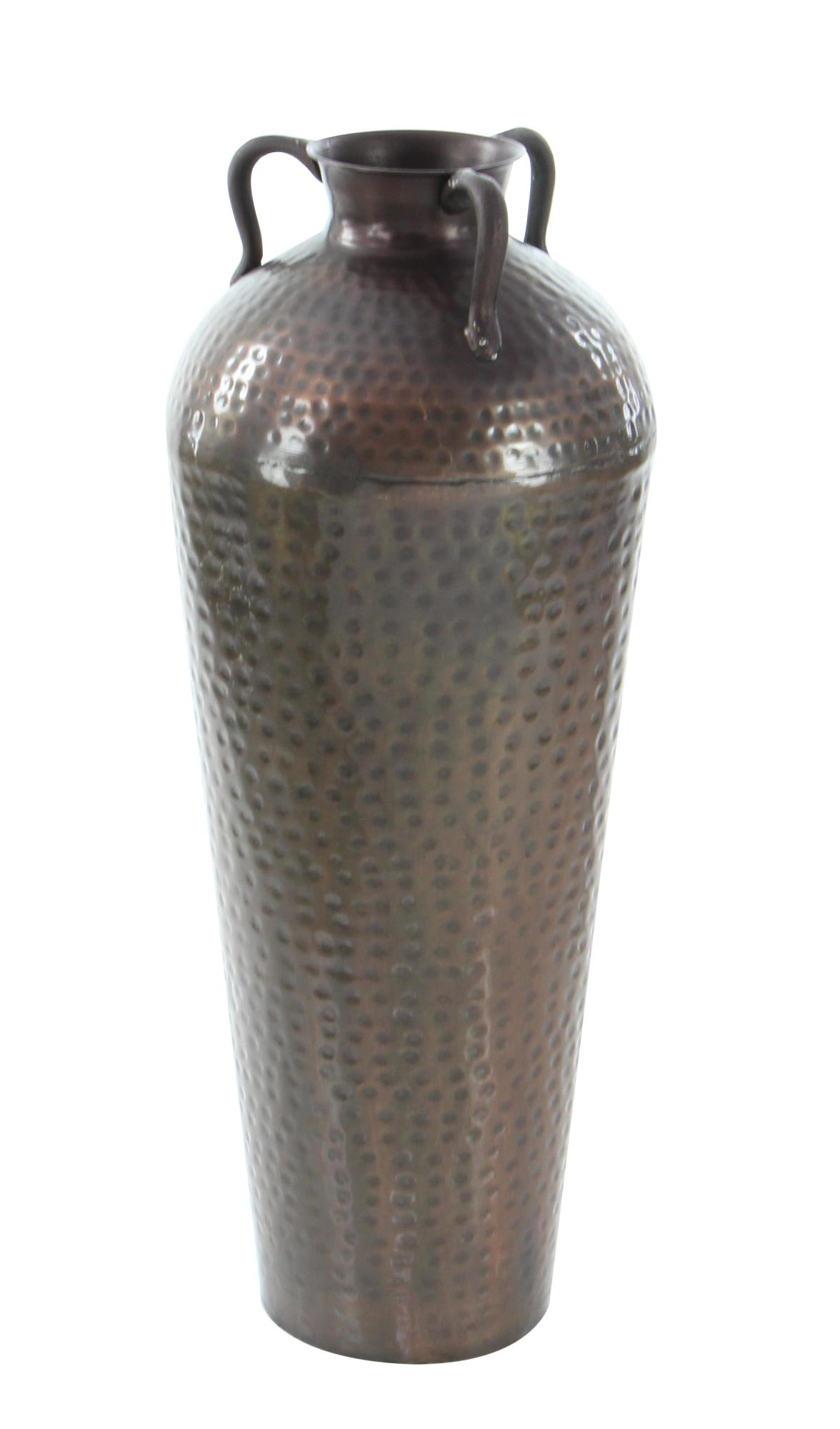 Brown Metal Tall Floor Mediterranean Style Decorative Vase with Hammered Details and Handles