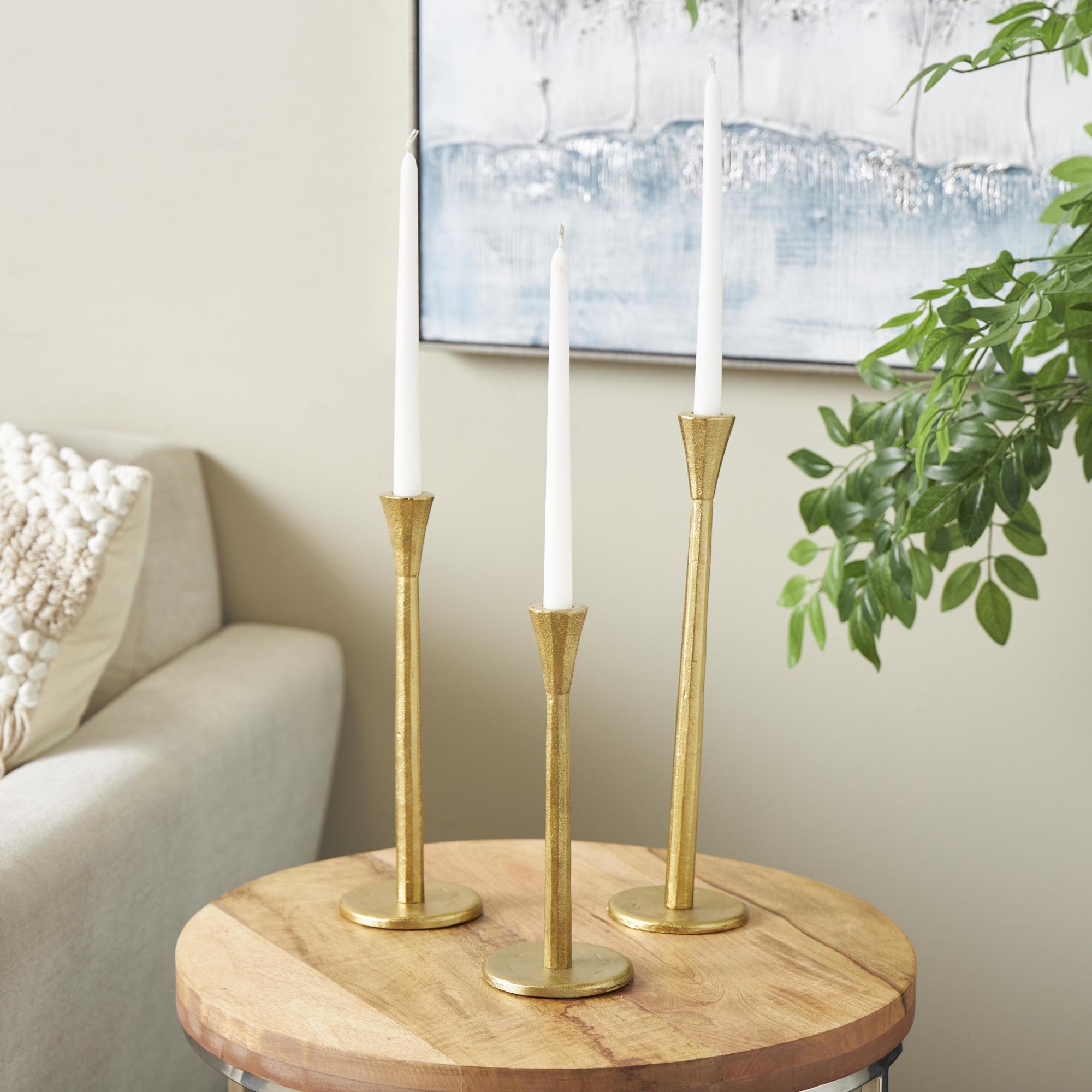 Set of 3 Gold Aluminum Metal Tapered Slim Decorative Candle Holder with Round Base