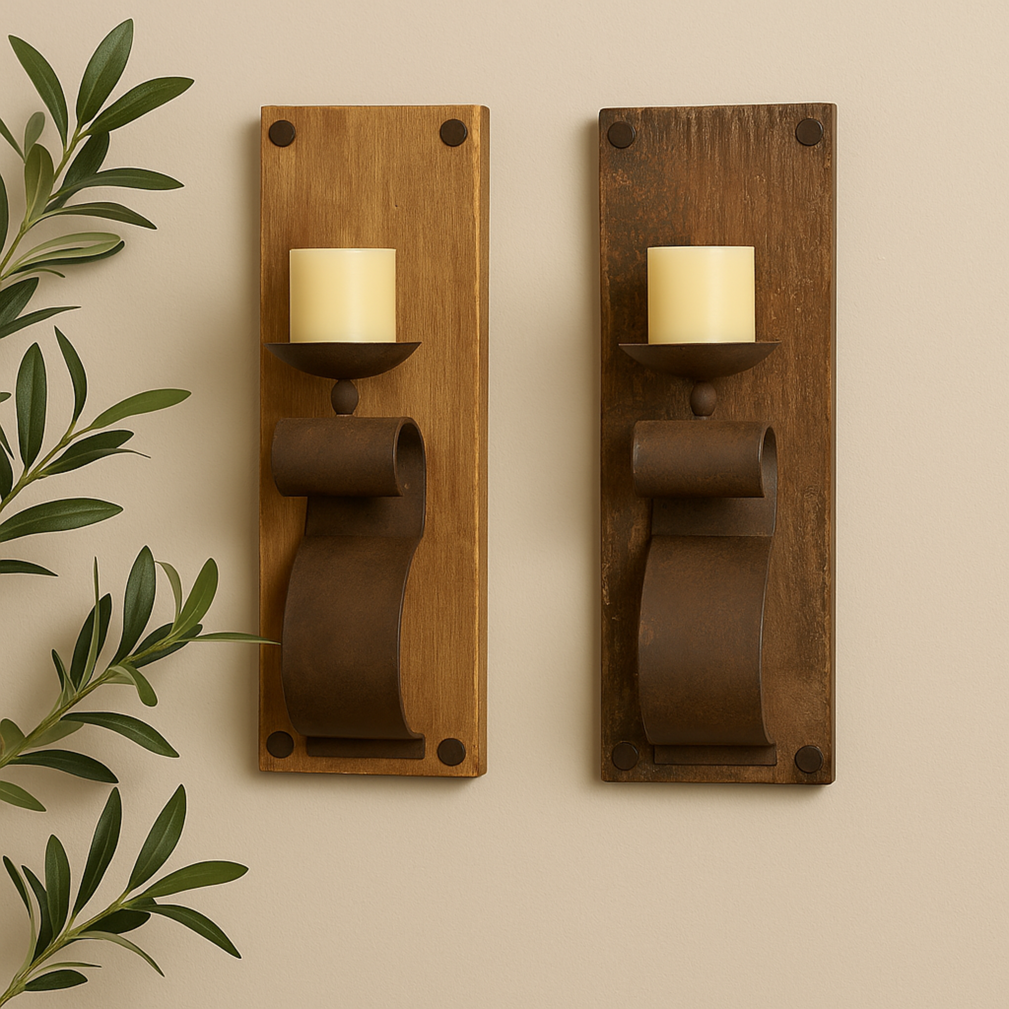 Set of 2 Scroll Brown Wood Distressed Pillar Indoor Outdoor Wall Sconce with Bronze Metal Holders