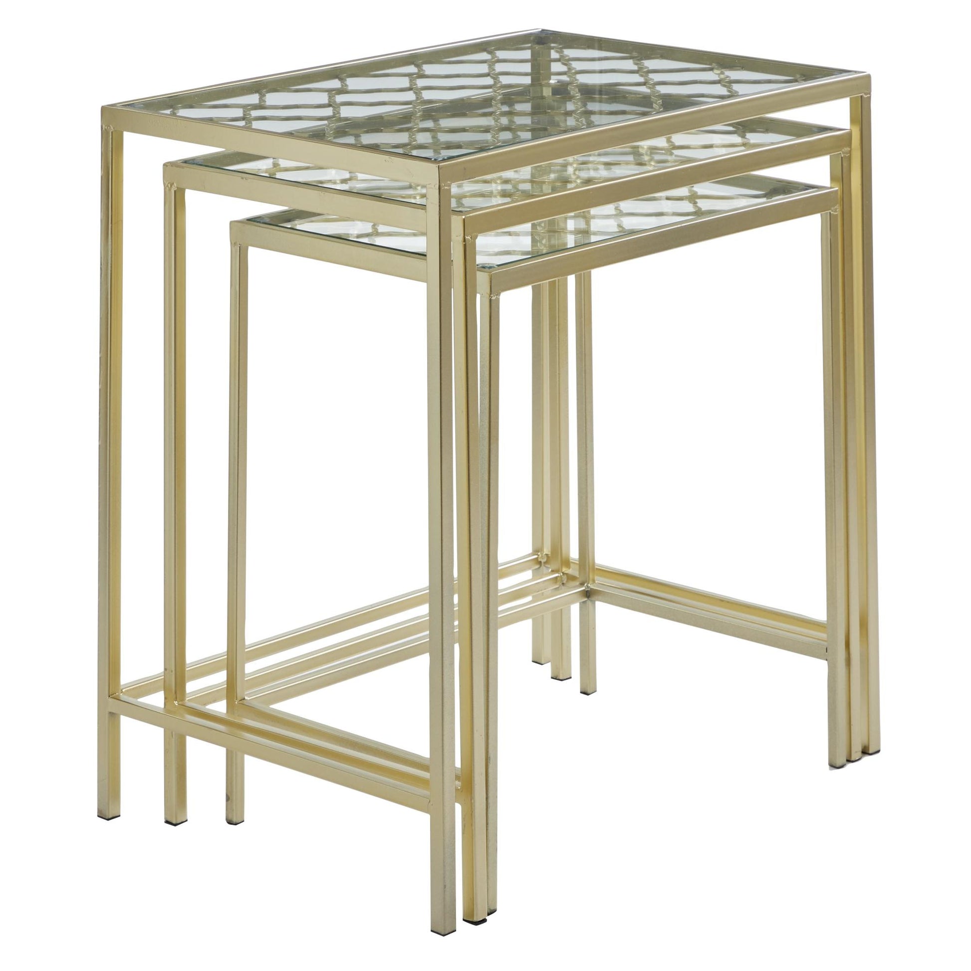 Set of 3 Gold Metal Side End Accent Table with Clear Glass Top