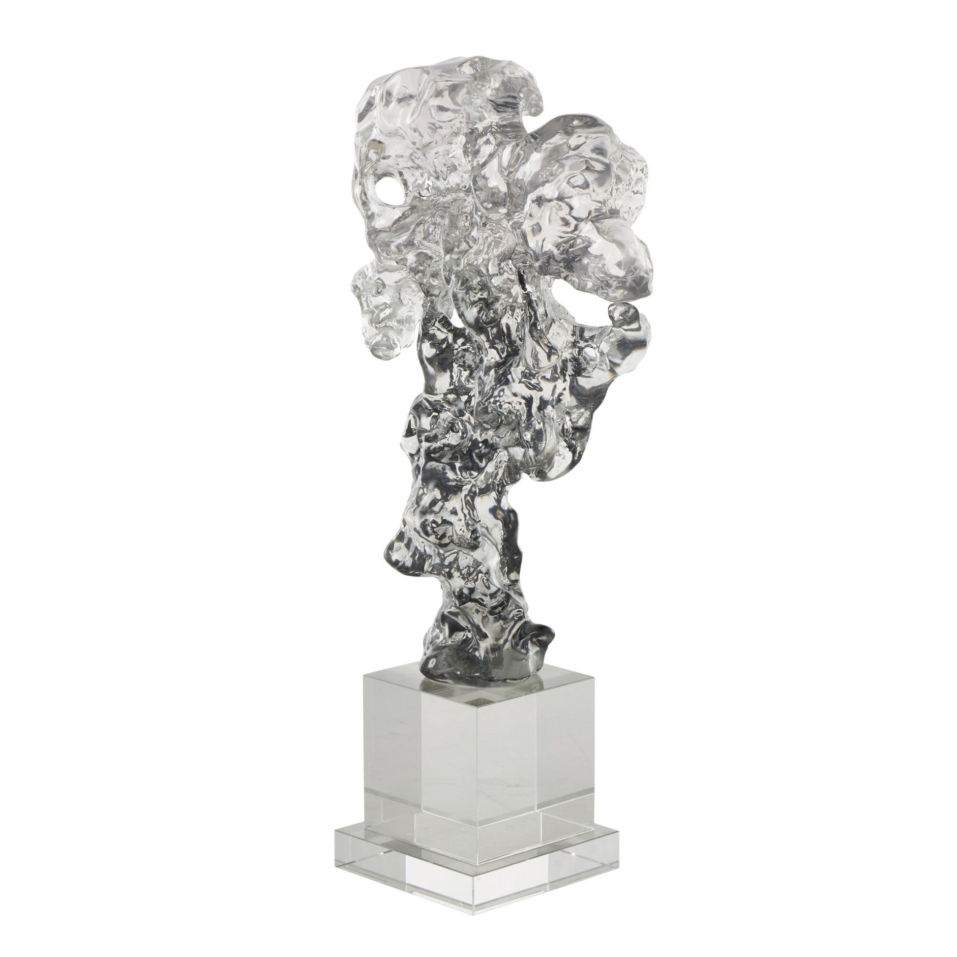 Abstract Clear Glass Handmade Freeform Decorative Sculpture with Clear Square Base