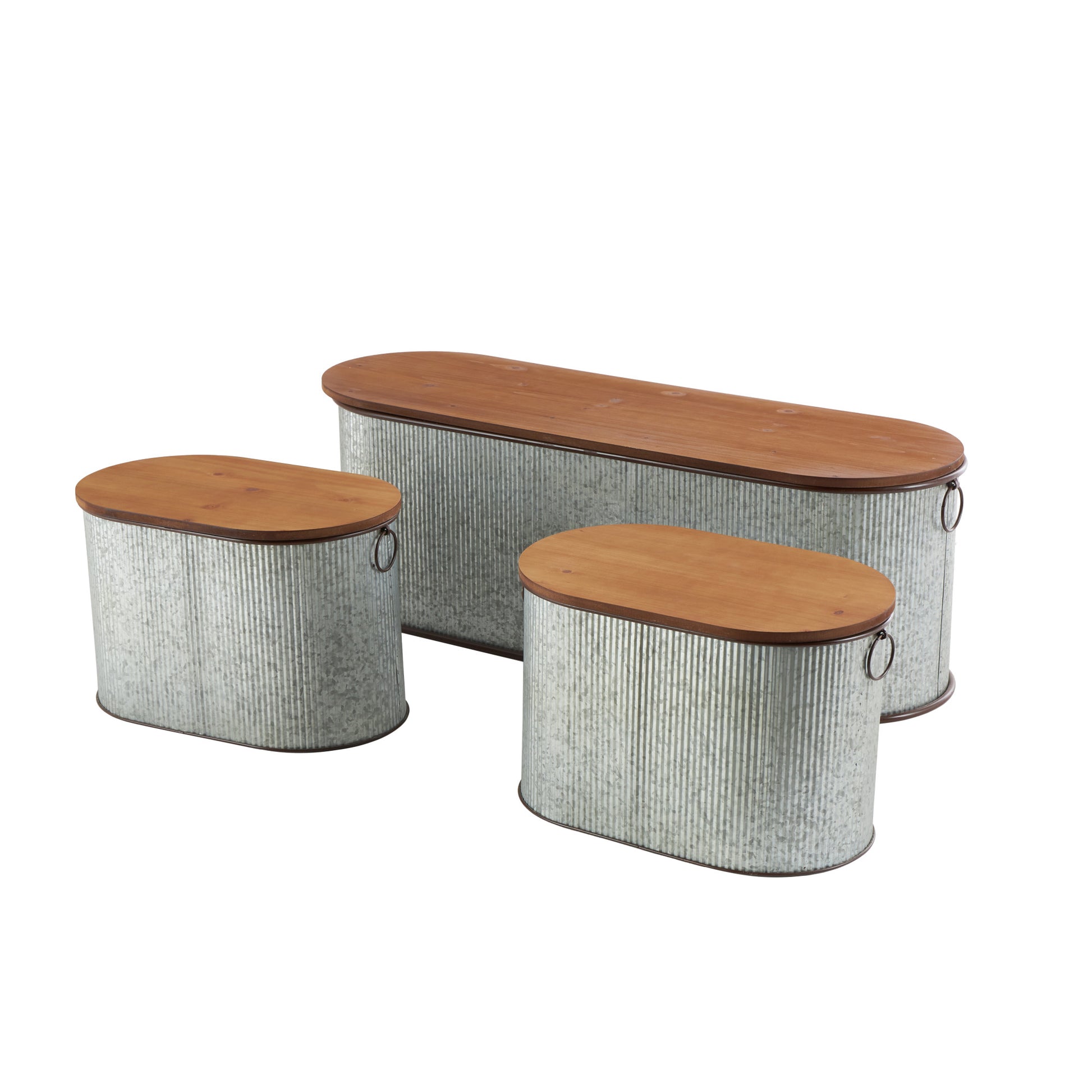 Set of 3 Silver Metal Room Storage Bench with Brown Wood Top