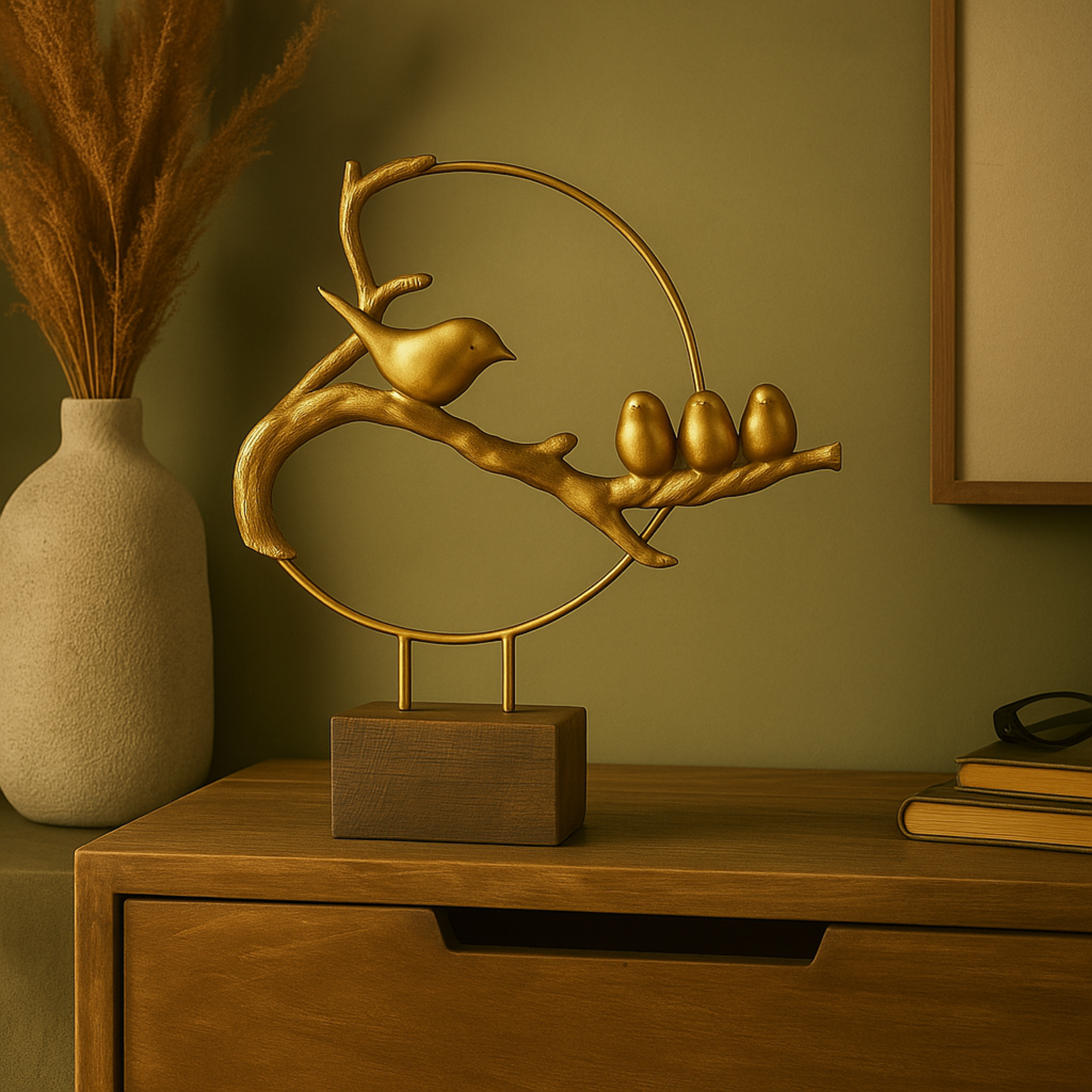 Bird Gold Polystone Family On A Branch Decorative Sculpture with Brown Block Base