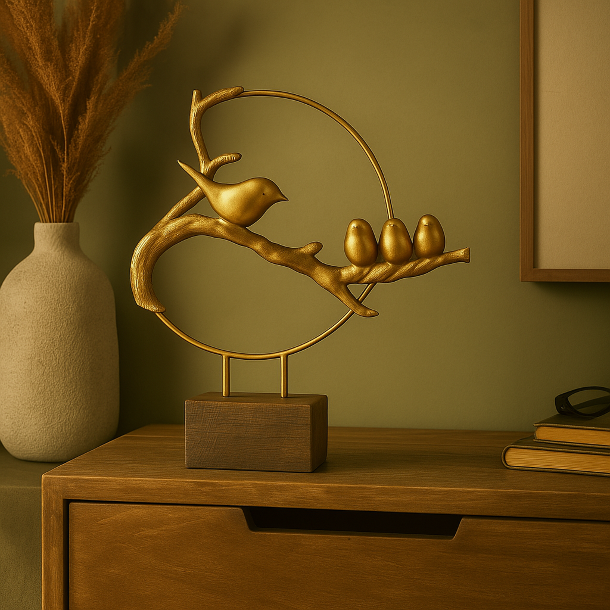 Bird Gold Polystone Family On A Branch Decorative Sculpture with Brown Block Base