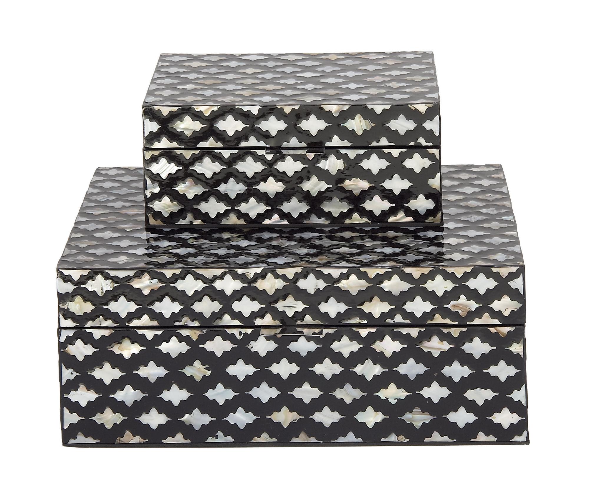 Set of 2 Moroccan Black Mother of Pearl Shell Decorative Box with Hinged Lid