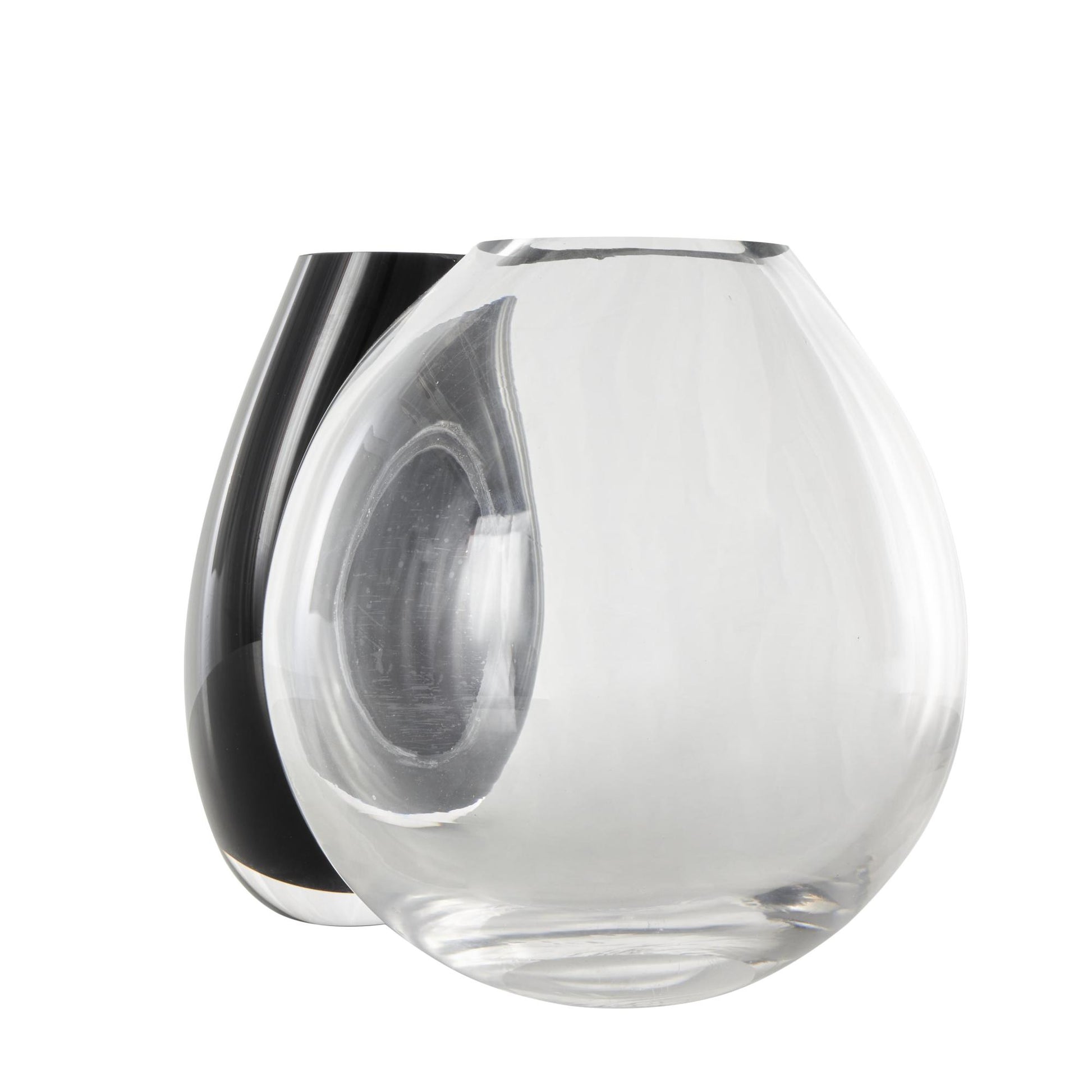 Abstract Black Recycled Glass Handmade Rounded 2 Opening 2 Opening Decorative Vase with Clear Glass Accent