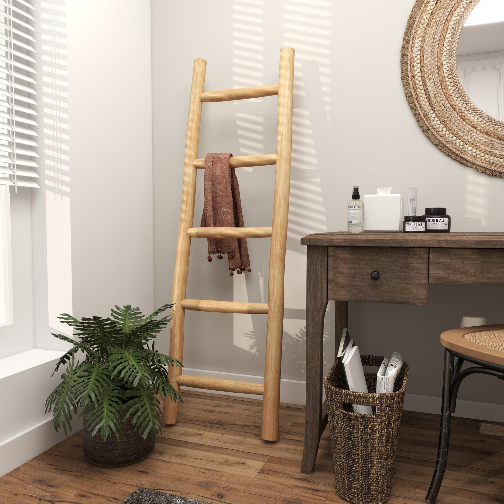 Brown Teak Wood Handmade 5 Rung Decorative Ladder