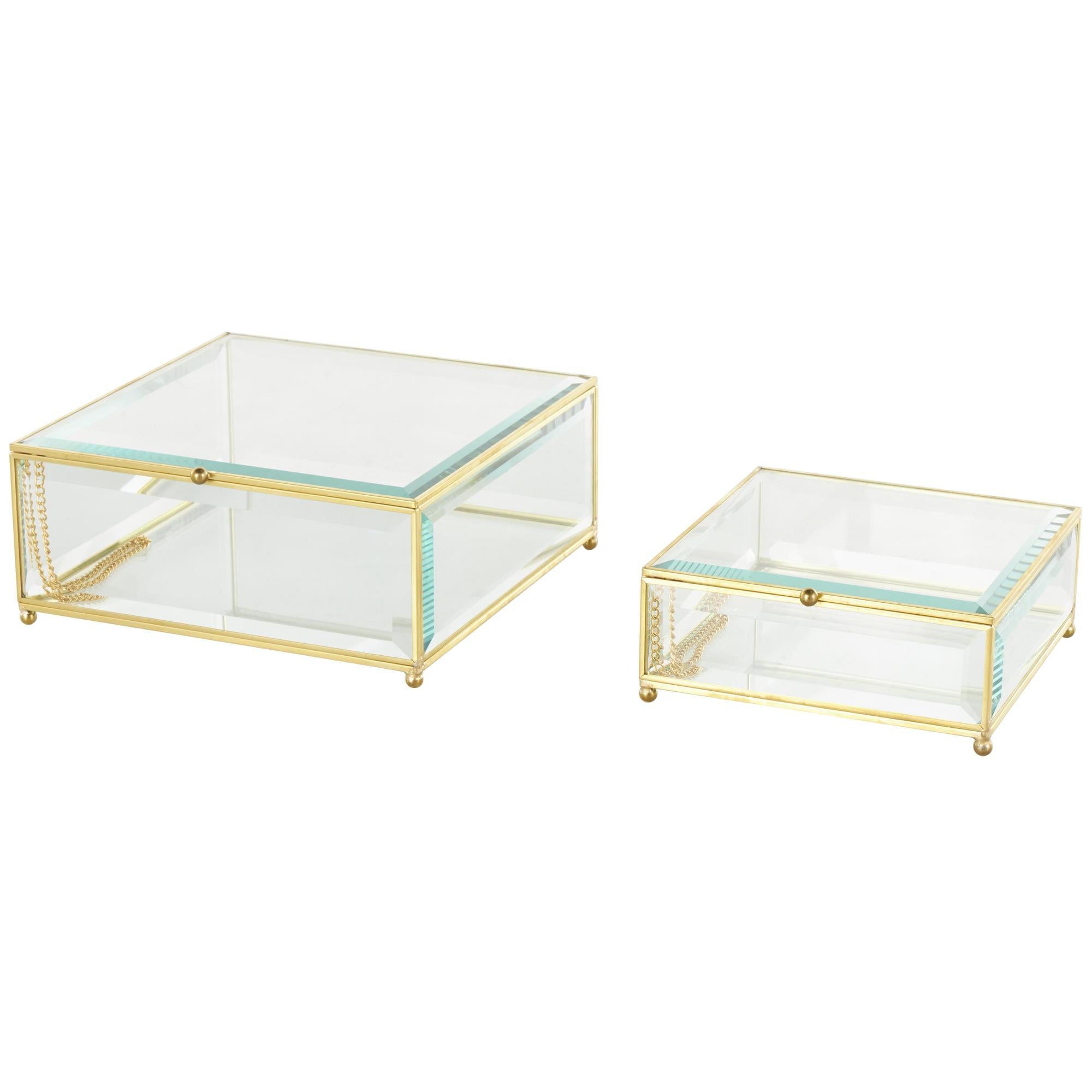 Set of 2 Clear Glass Beveled Decorative Jewelry Box with Gold Metal Frame and Chain Accent