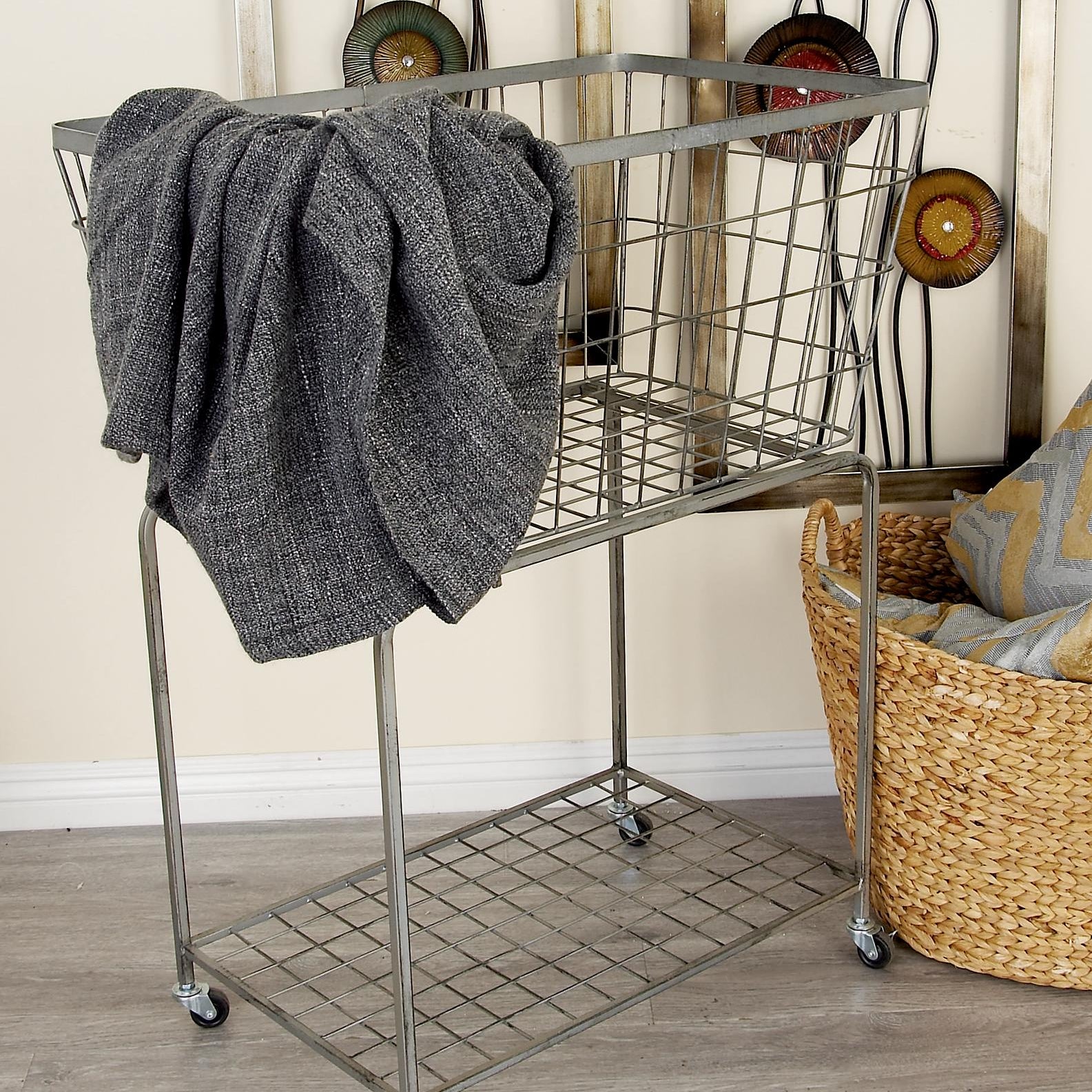 Gray Metal Deep Set Wire Basket Mobile Storage Cart with Wheels