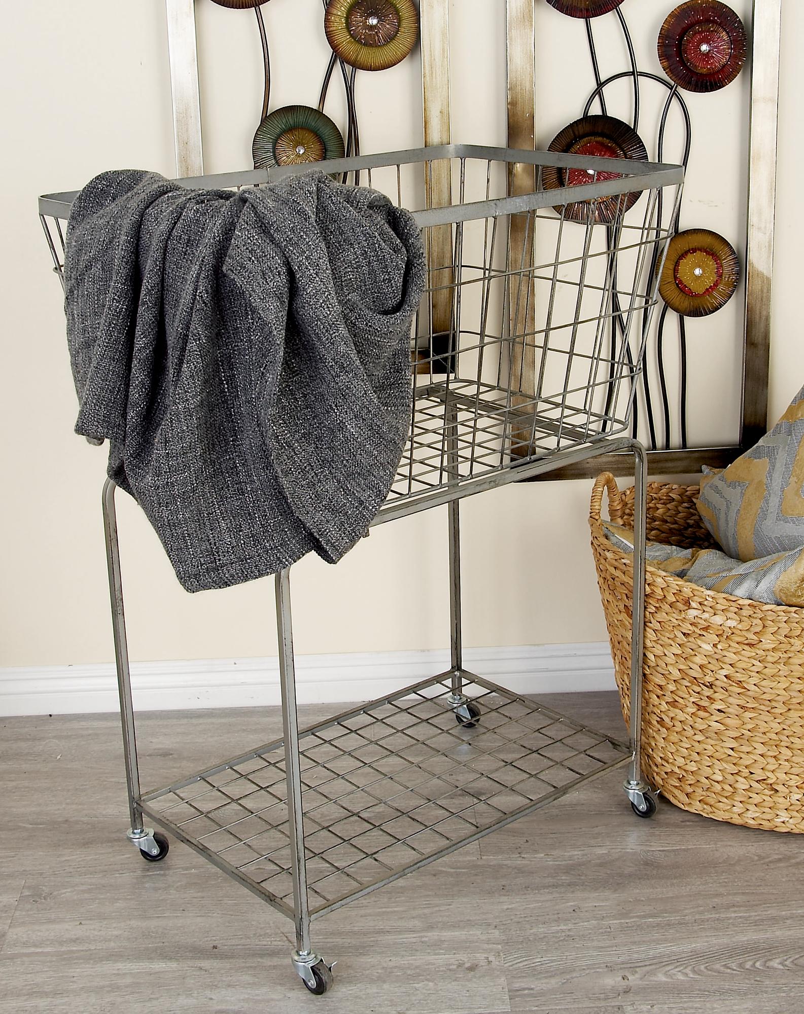 Gray Metal Deep Set Wire Basket Mobile Storage Cart with Wheels
