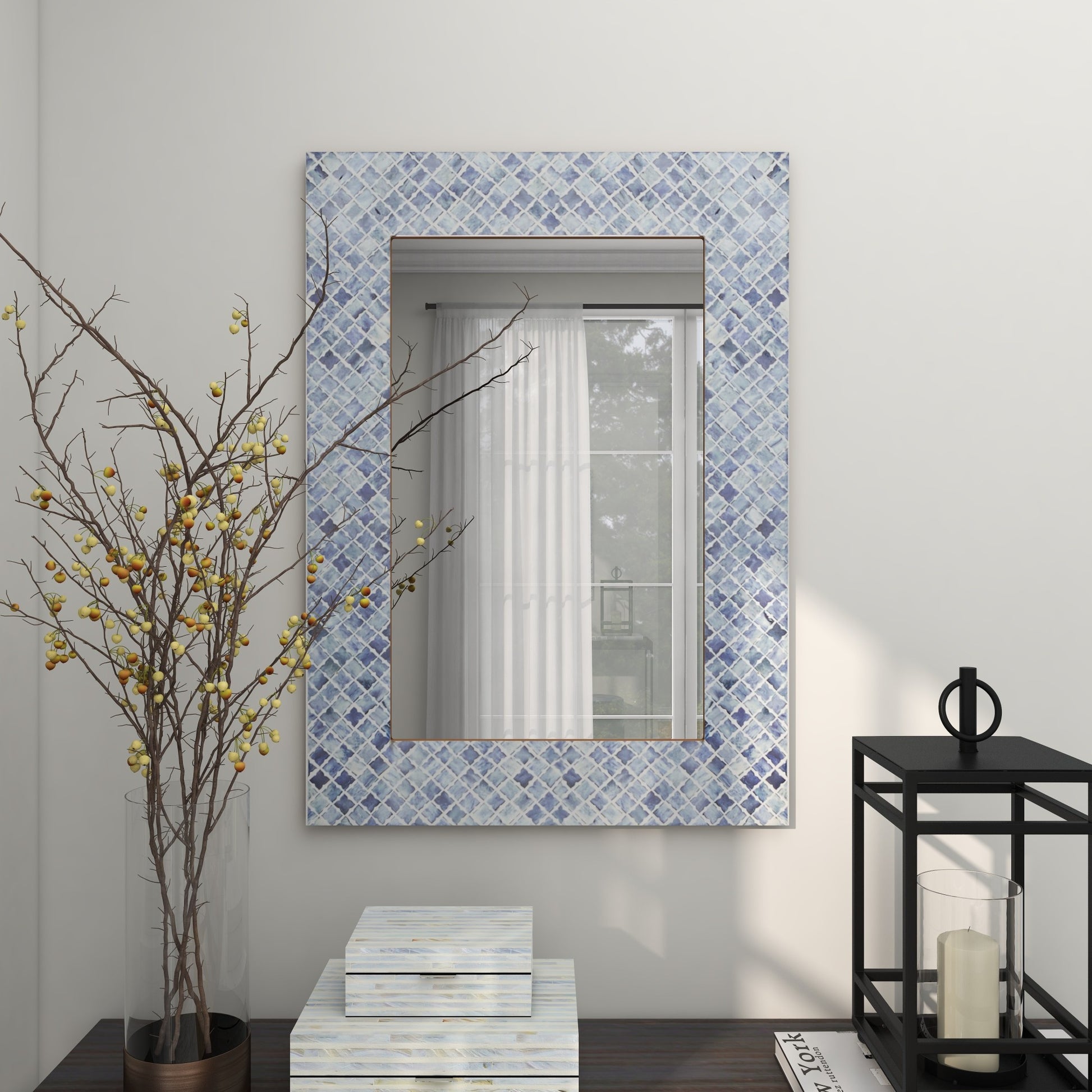 Blue Bone Quatrefoil Bone Inlay Room Wall Mirror