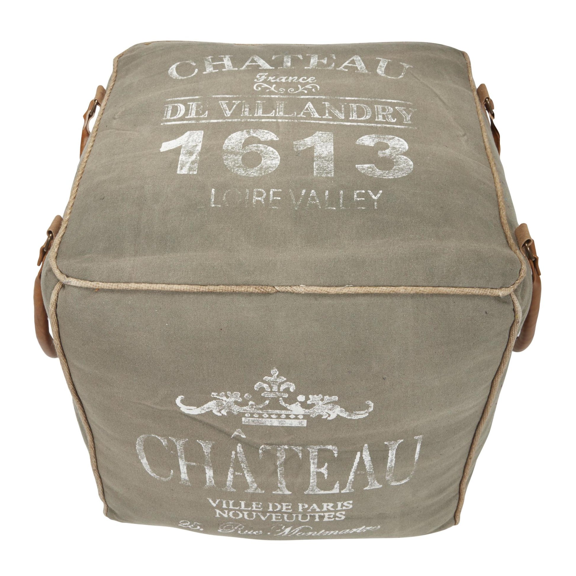 Scroll Canvas France Inspired Stuffed Pouf with Leather Star Pocket and Handles