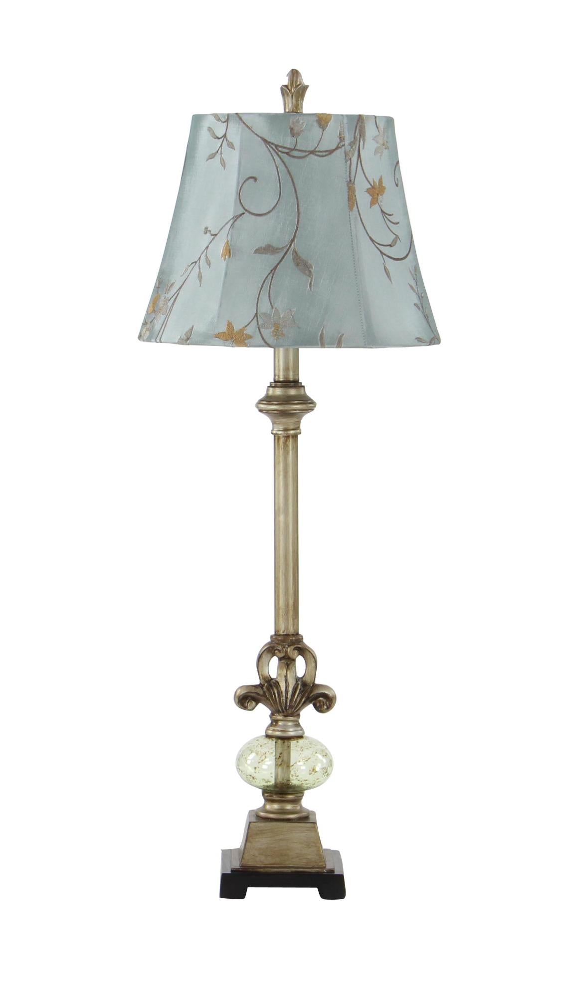 Floral Brass Polystone Antique Style Room Buffet Lamp with Tapered Shade