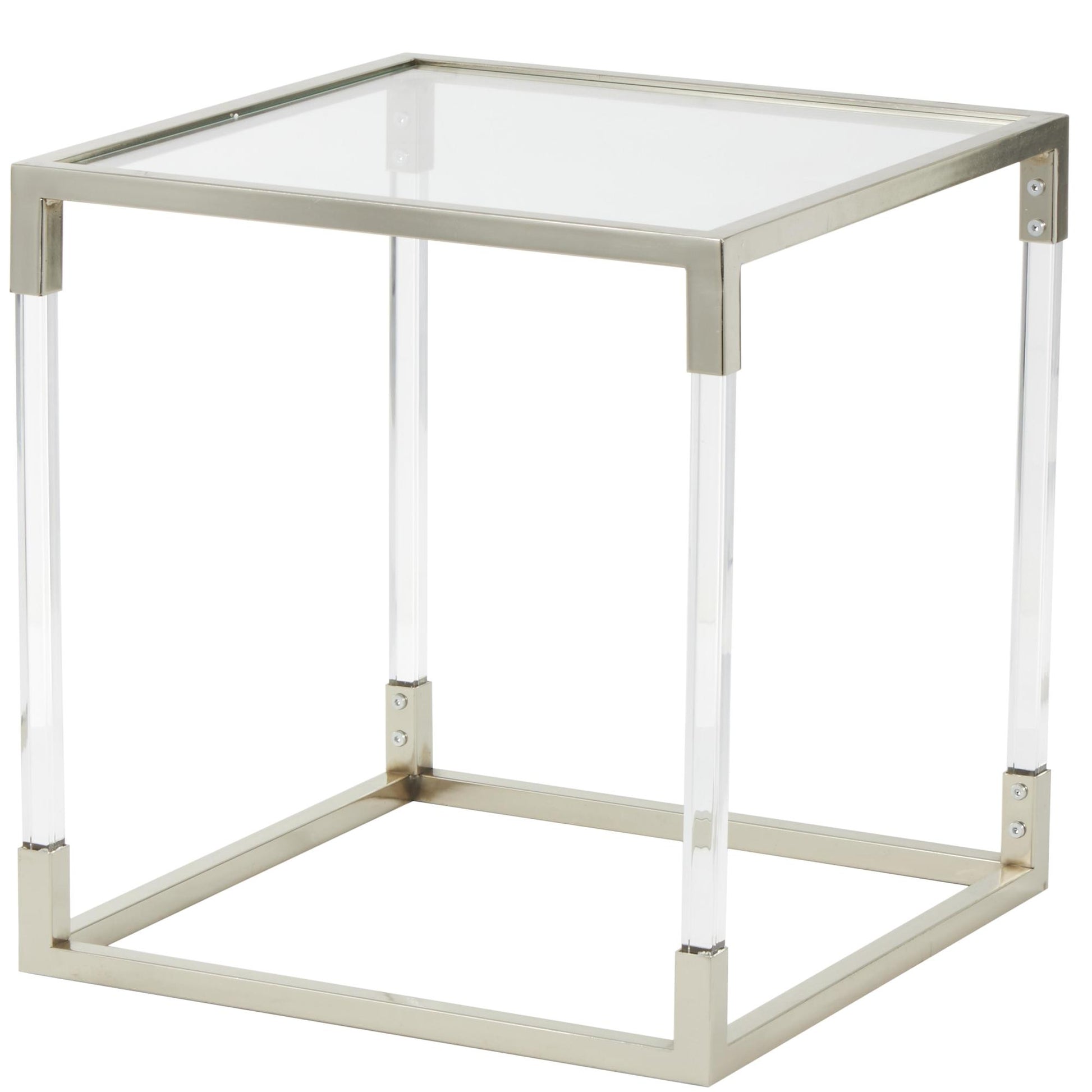 Metal Side End Accent Table with Clear Glass Top and Acrylic Legs