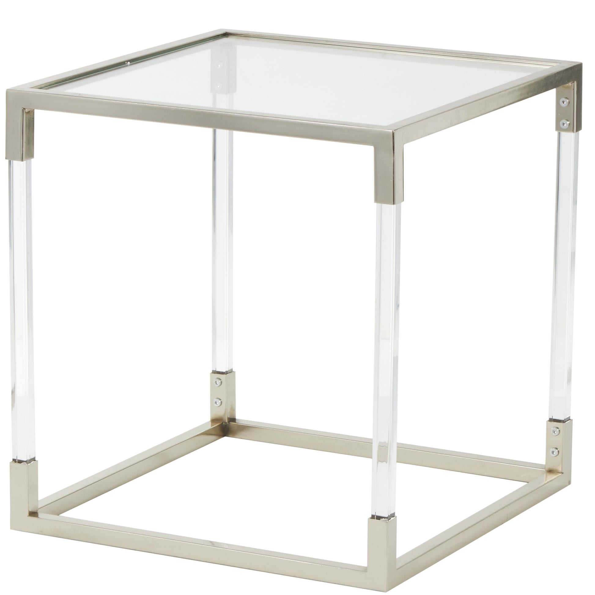 Metal Side End Accent Table with Clear Glass Top and Acrylic Legs