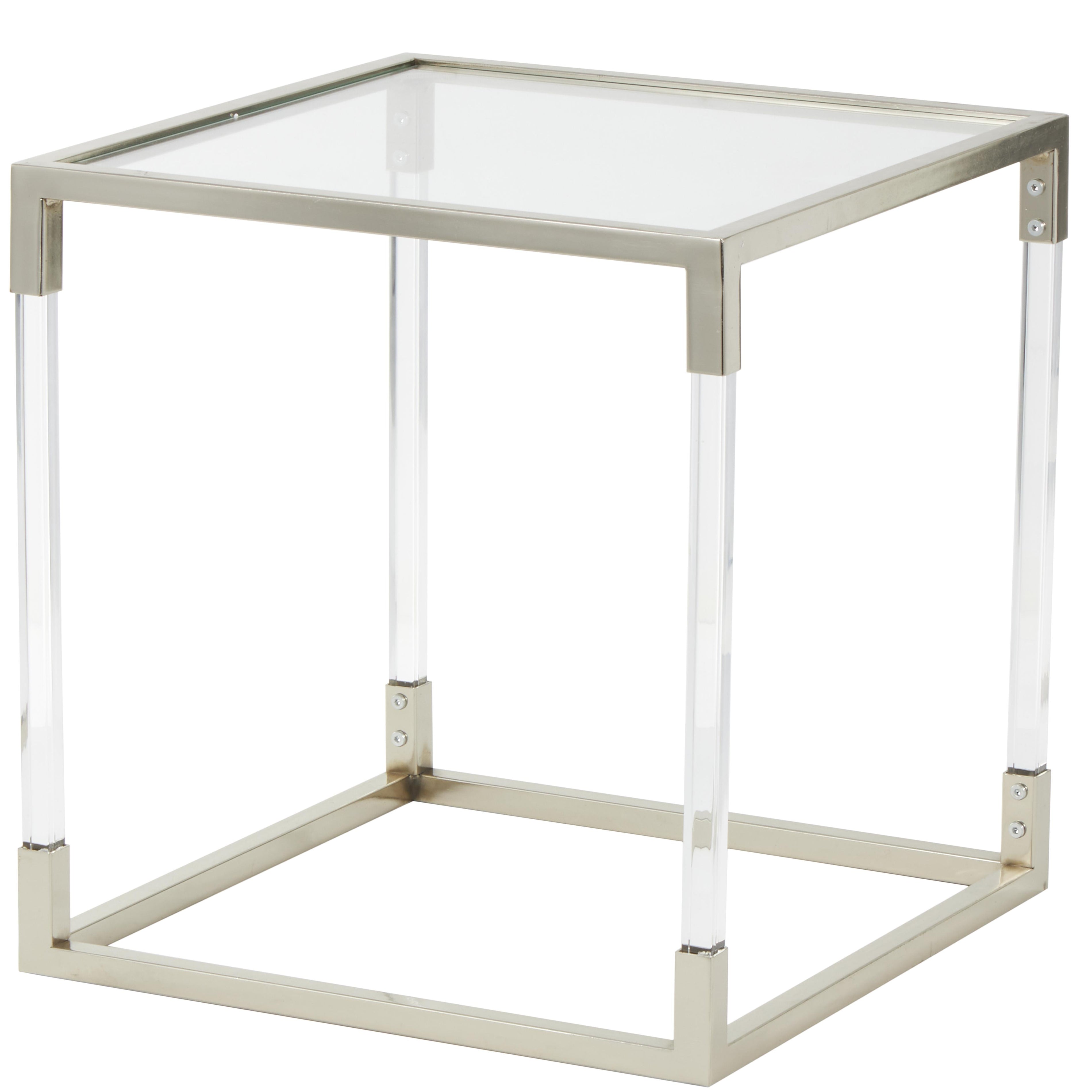 Metal Side End Accent Table with Clear Glass Top and Acrylic Legs
