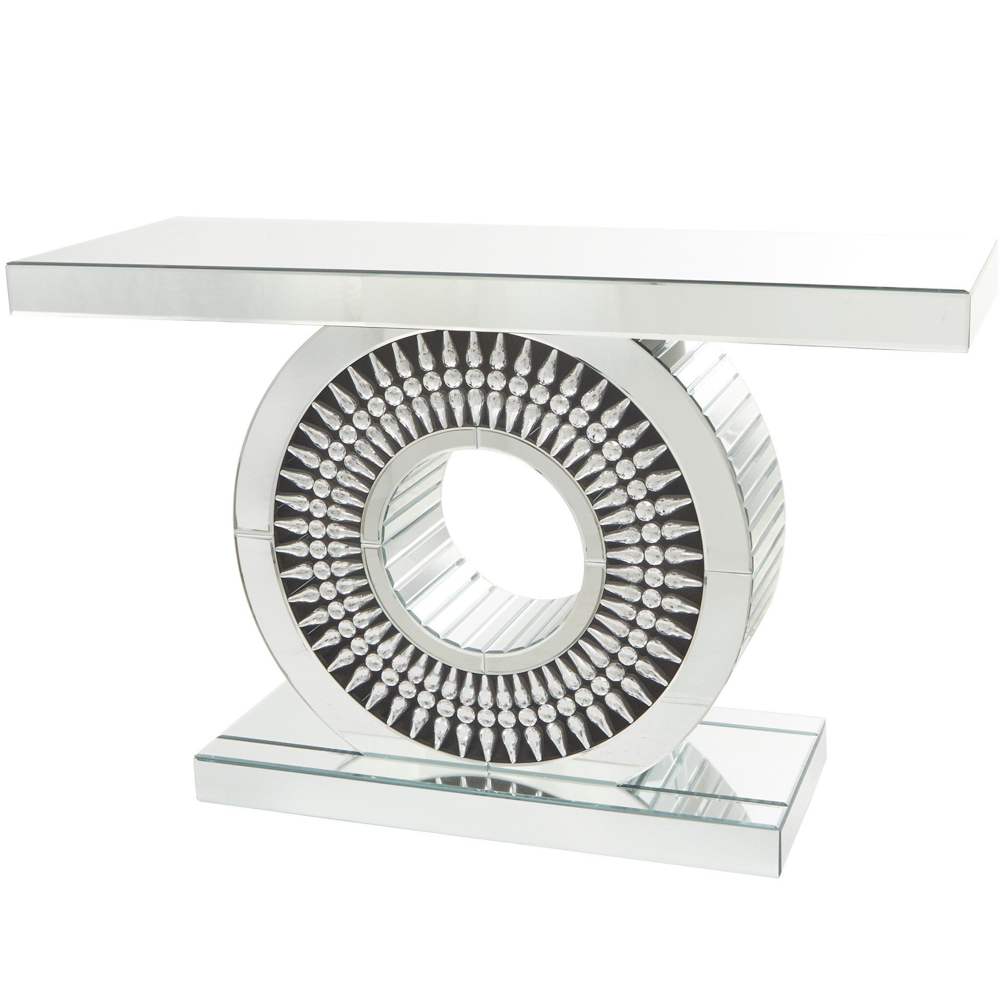 Sun Silver Glass Mirrored Living Room Console Table with Crystal Embellishment