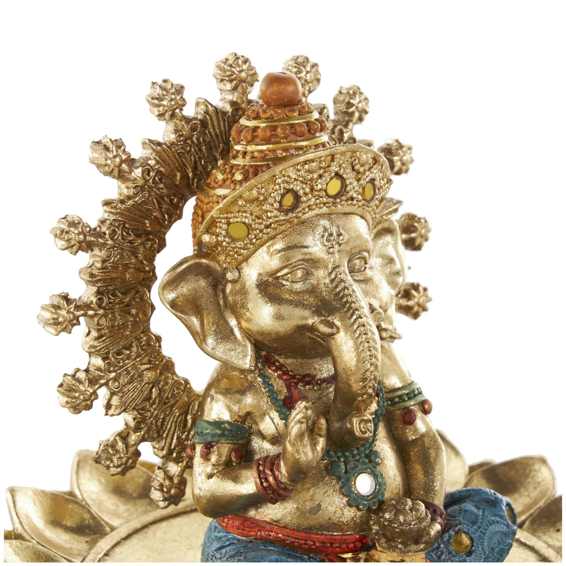 Ganesh Gold Resin Decorative Sculpture with Lotus Plate and Colorful Dresswear