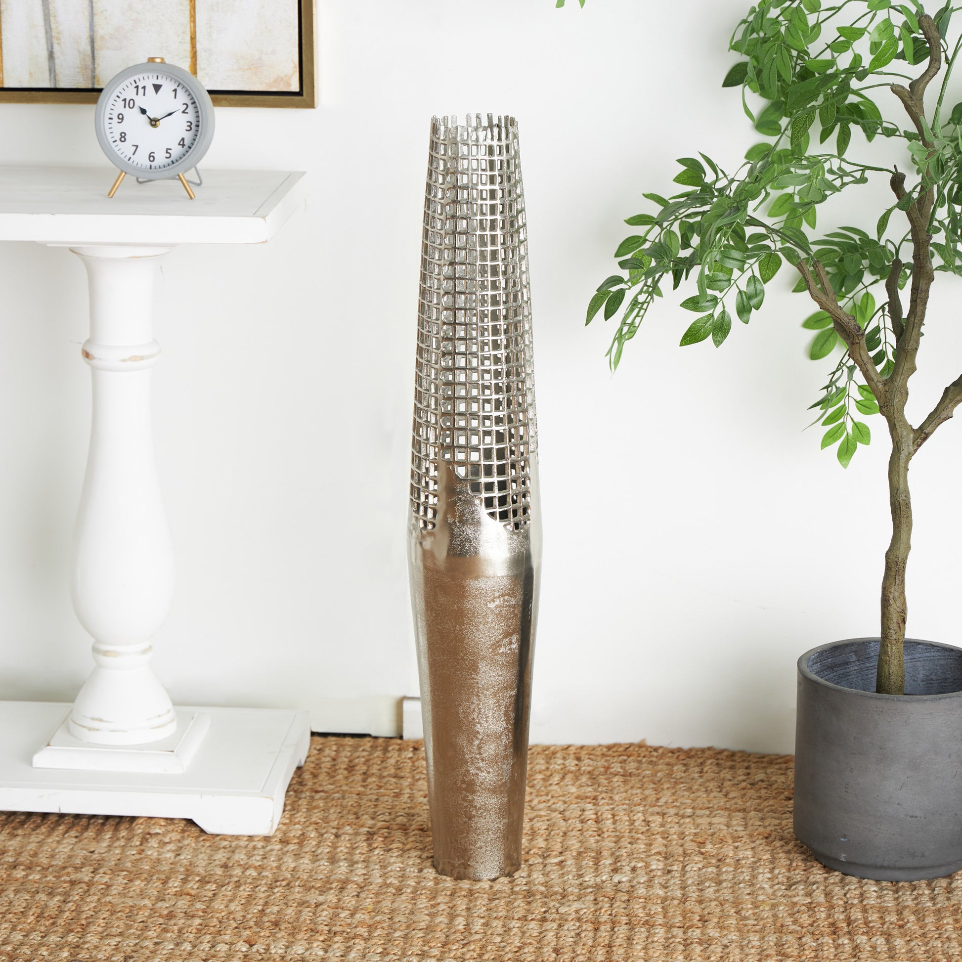 Silver Aluminum Metal Tall Grid Inspired Decorative Vase with Open Frame Design
