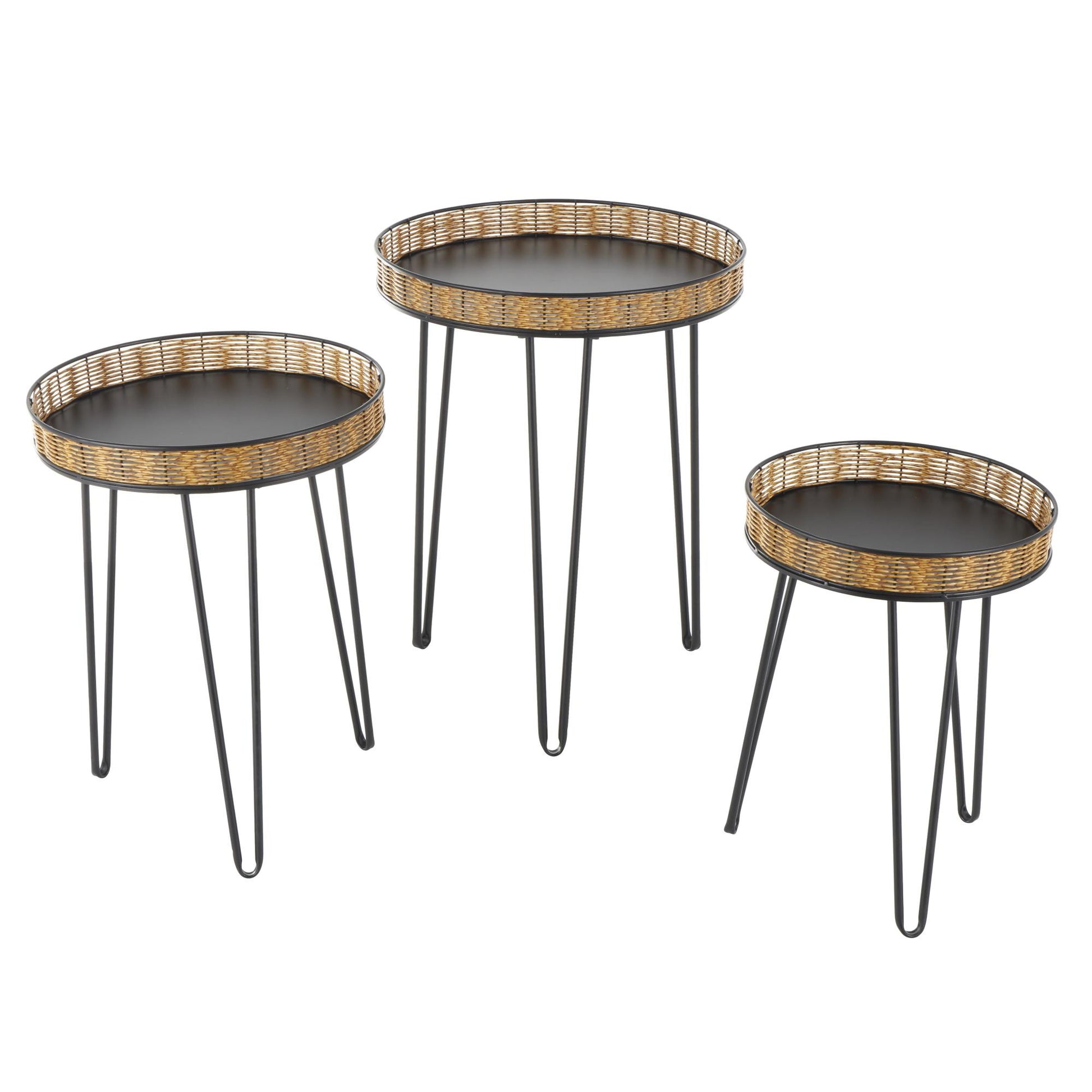 Set of 3 Black Metal Handmade Side End Accent Table with Rattan Edges Tabletops