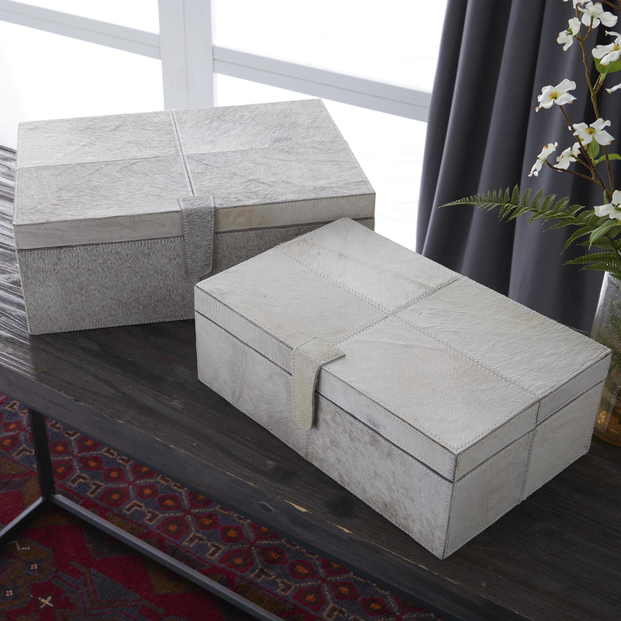 Set of 2 Leather Handmade Cowhide Storage Decorative Box with Stitching Detail