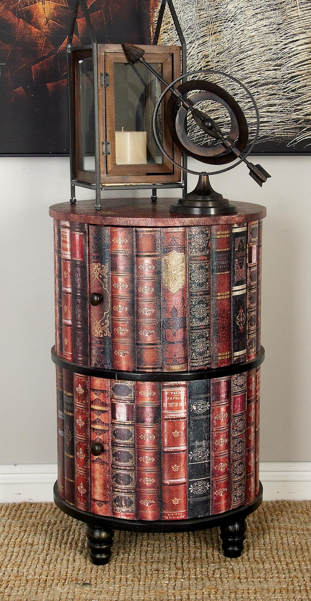 Red Faux Leather Circular Storage 2 Door Room Cabinet with Stacked Book Design and Scroll Details