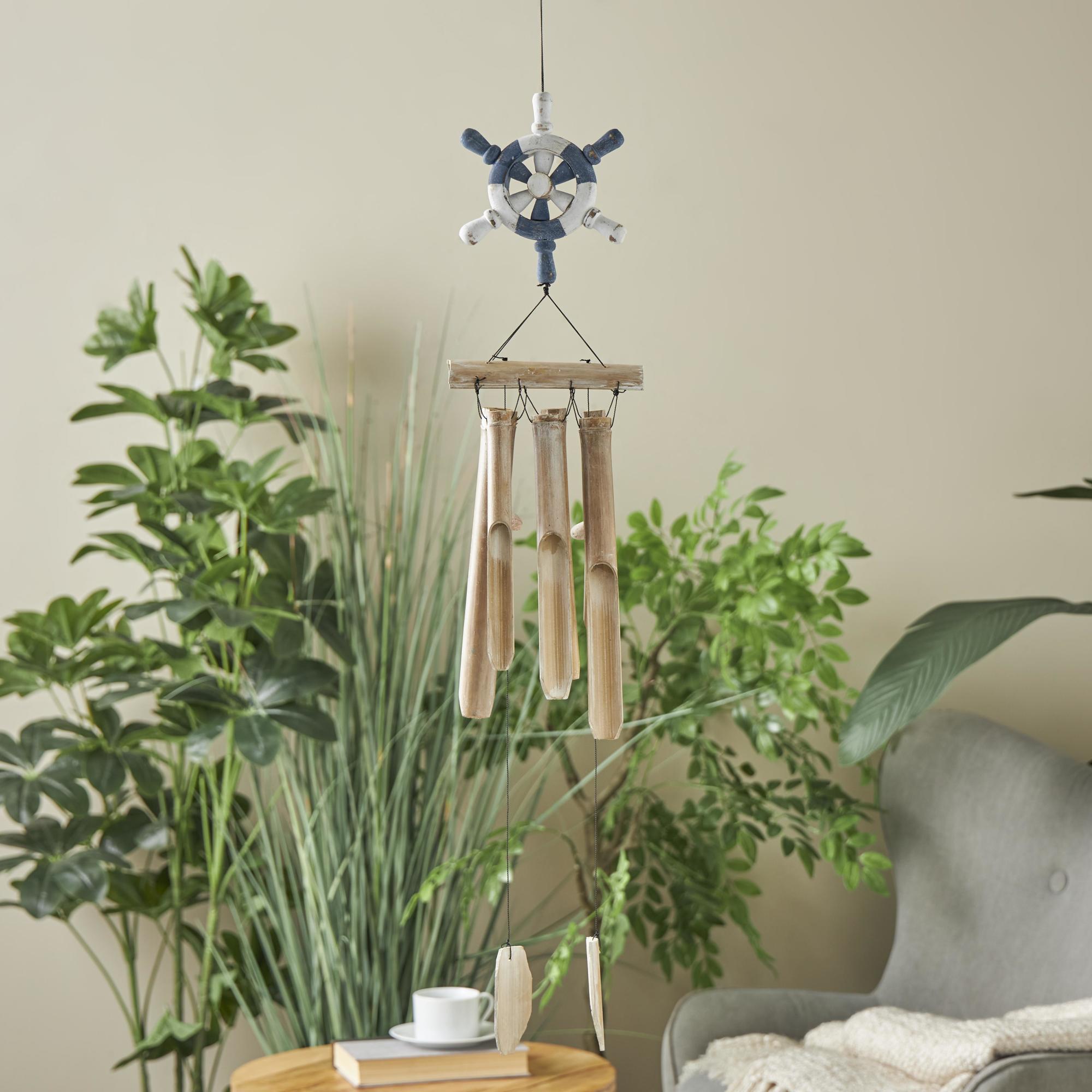 Ship Wheel Blue Bamboo Wood Handmade Indoor Outdoor Windchime with Log Chimes
