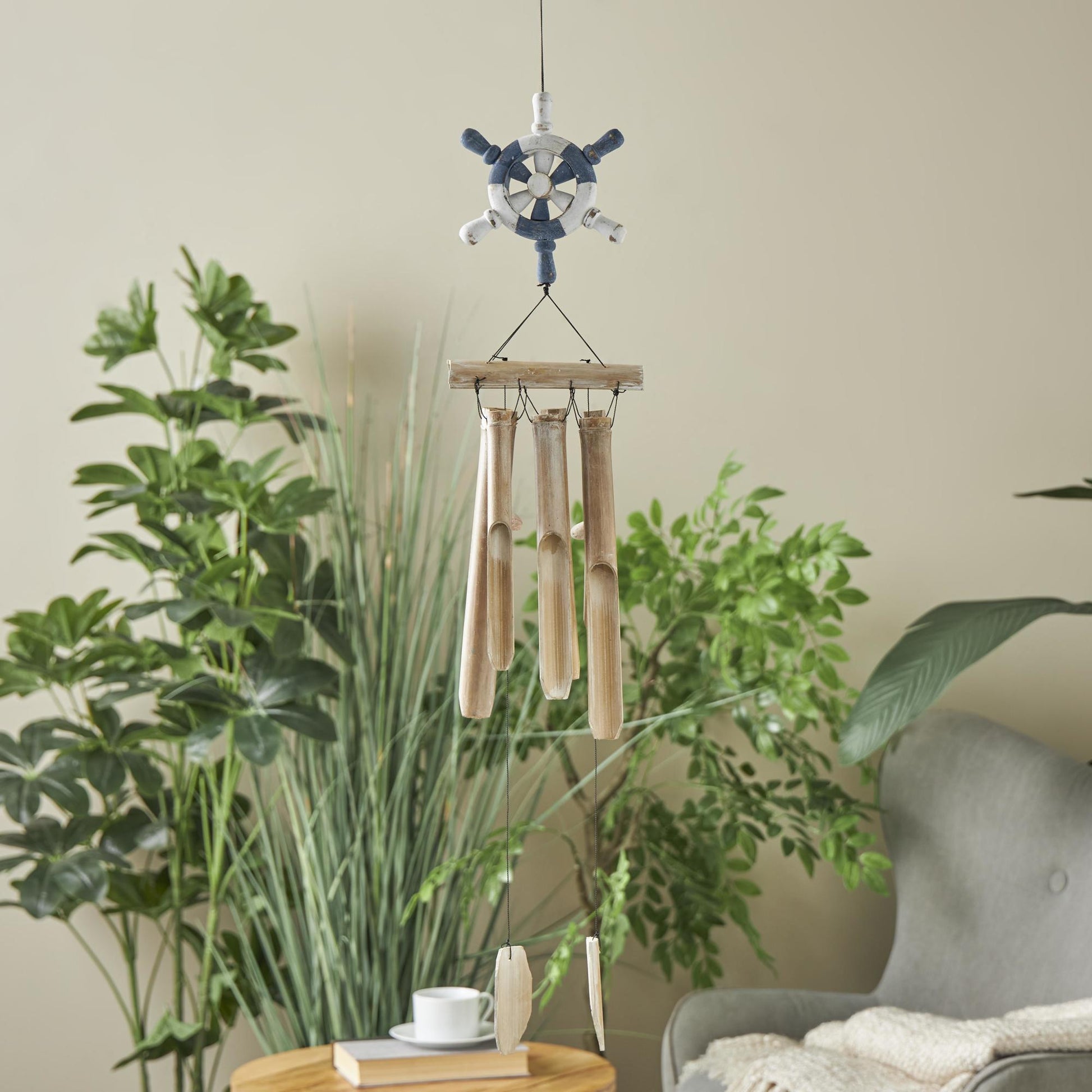 Ship Wheel Blue Bamboo Wood Handmade Indoor Outdoor Windchime with Log Chimes
