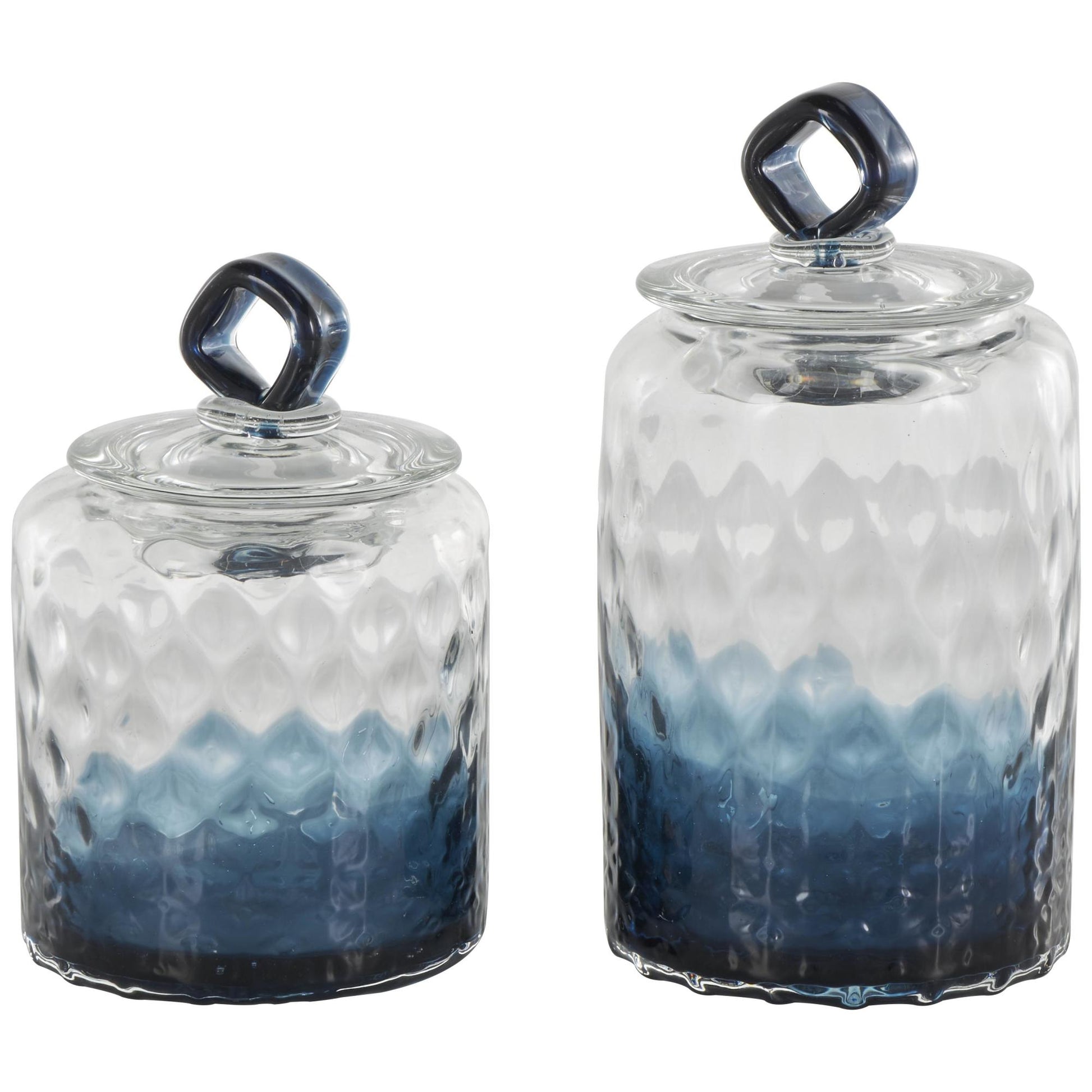Set of 2 Geometric Dark Blue Glass Faceted Ombre Living Room Decorative Jars with Diamond Knobs