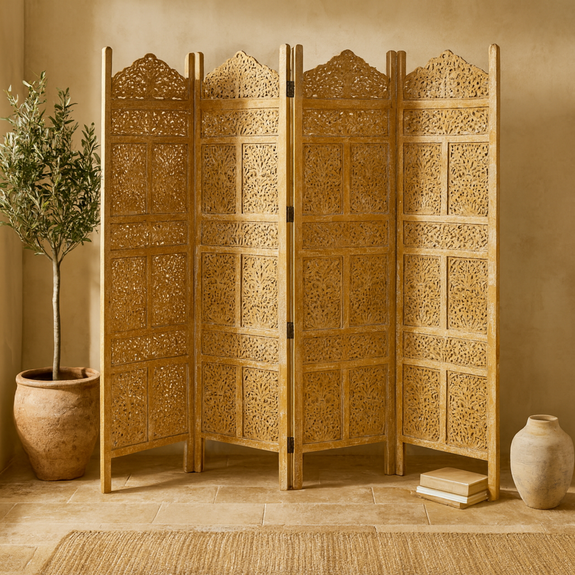 Floral Gold Wooden Handmade Foldable Partition 4 Panel Partition Room Divider Screen with Carved Designs