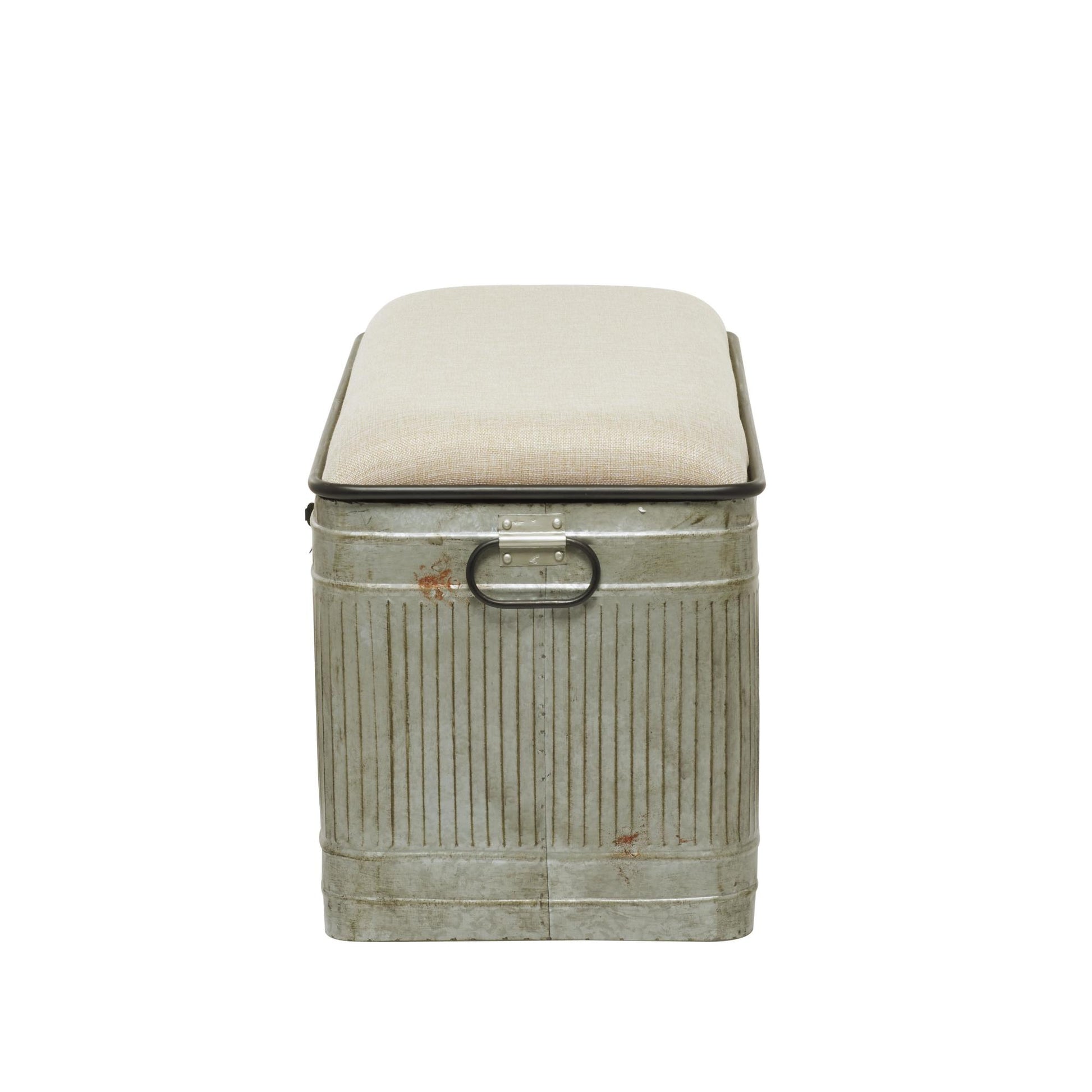 Gray Metal Galvanized Room Storage Bench with Cream Burlap Top and Black Latches
