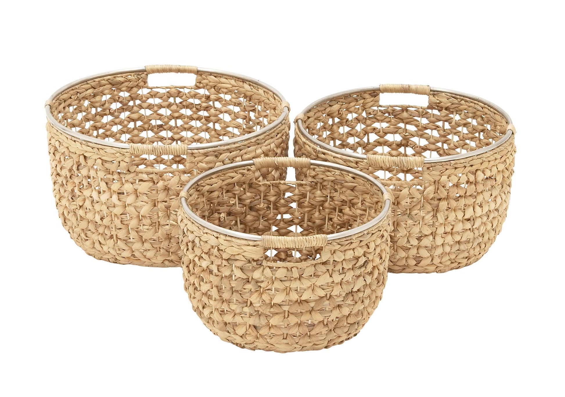 Set of 3 Light Brown Seagrass Handmade Decorative and Functional Storage Basket with Metal Handles