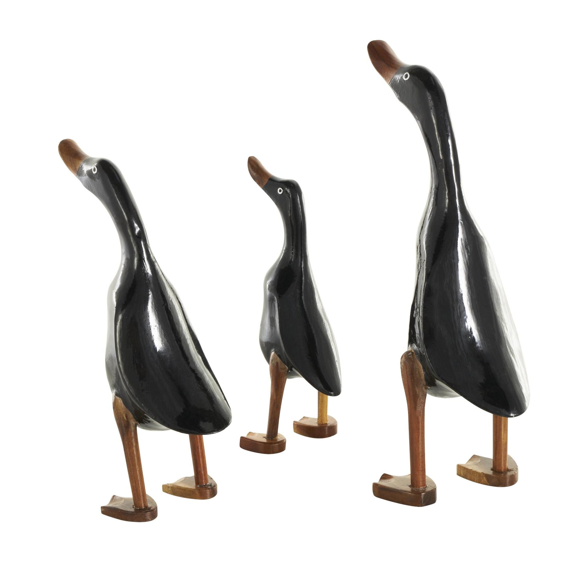 Set of 3 Duck Black Wood Decorative Sculpture with Brown Accents