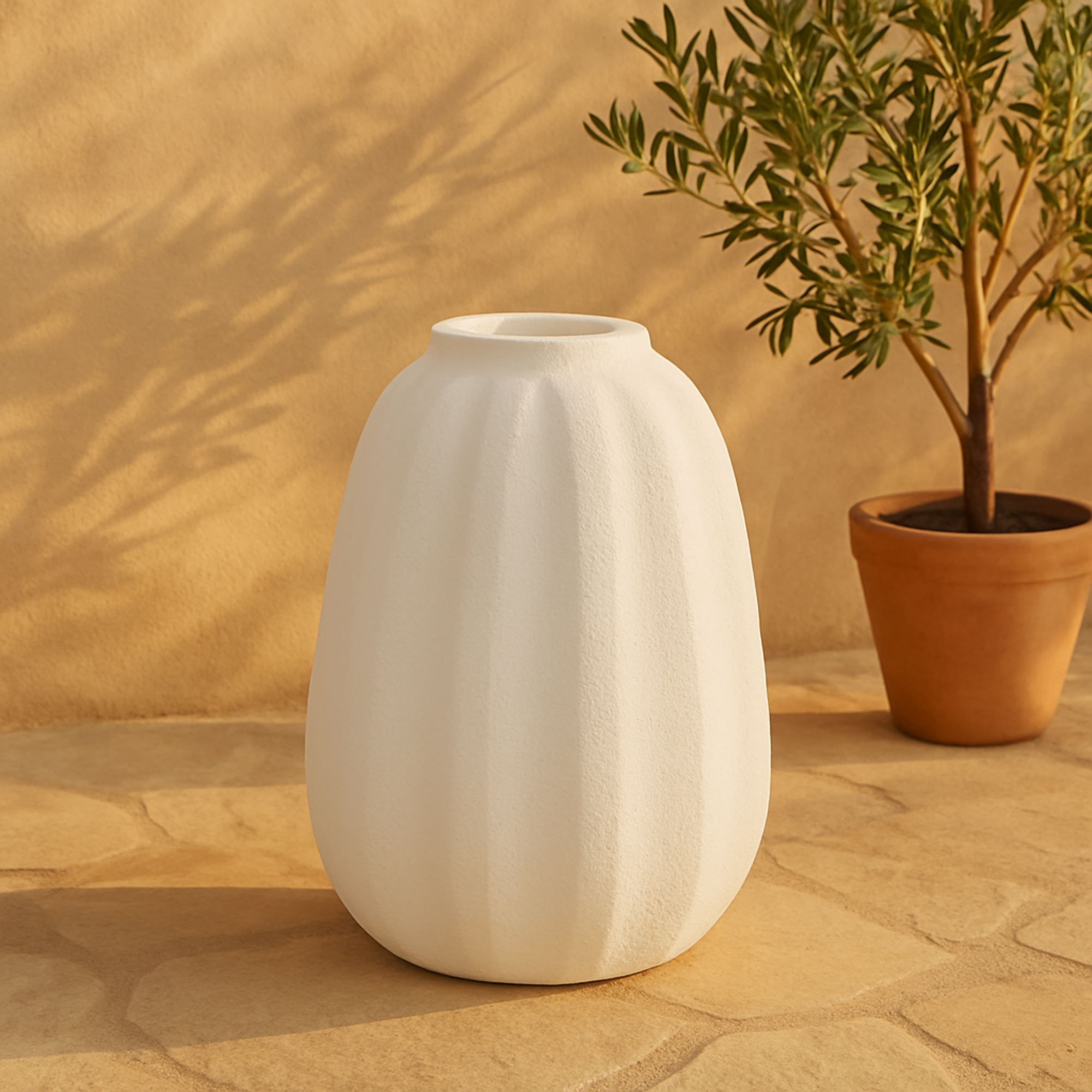 White Magnesium Oxide Wide Decorative Vase with Carved Grooves