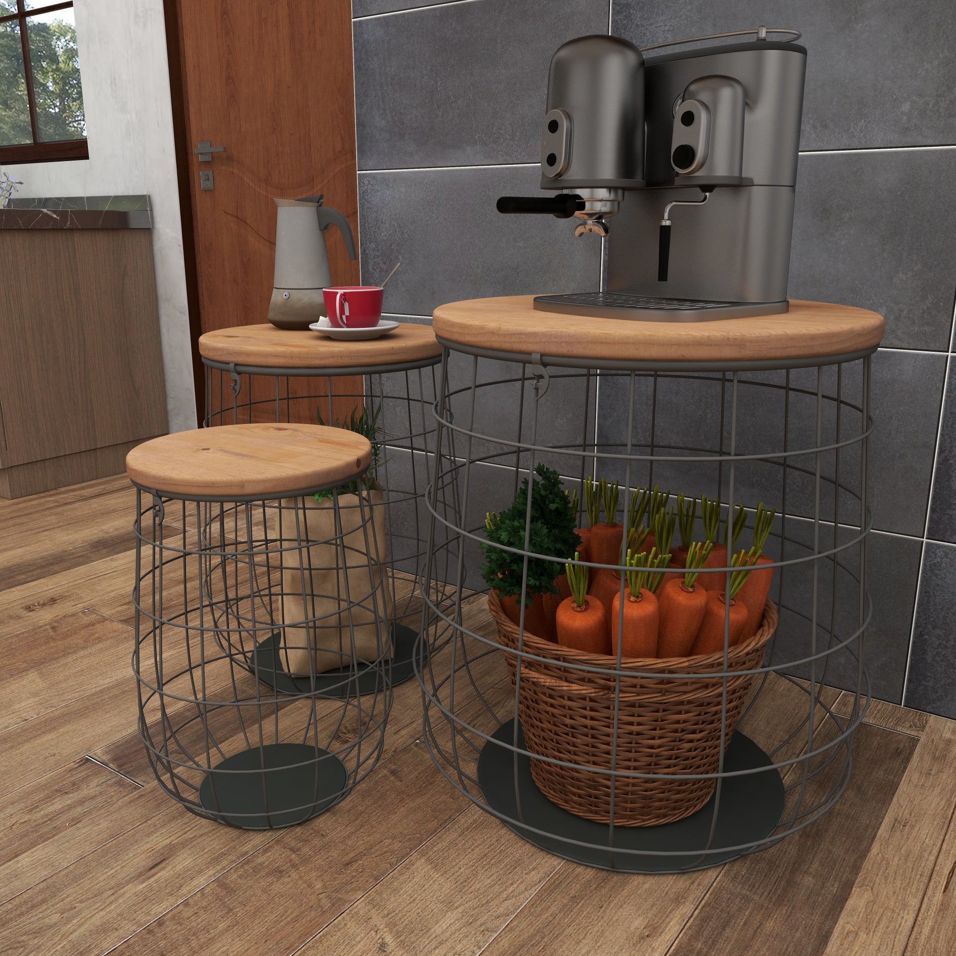 Set of 3 Black Metal Caged Decorative and Functional Storage Basket with Wooden Lift Top Lids