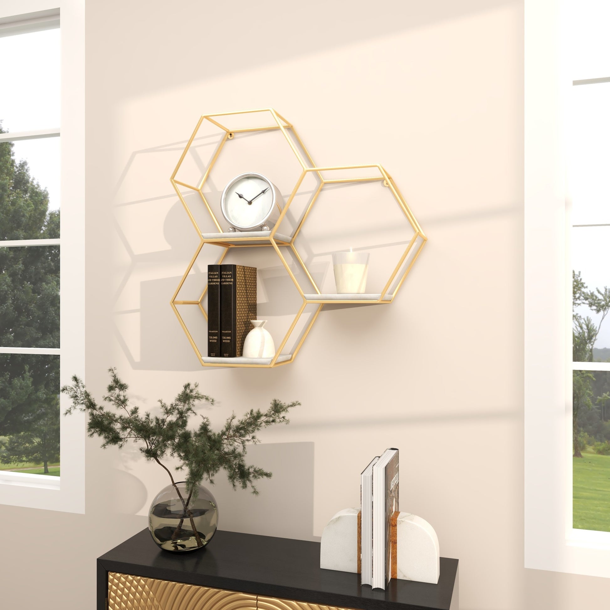 Geometric Metal Hexagon 3 Marble Shelves Room Wall Shelf with 3 Marble Shelves 26" x 5" x 24"