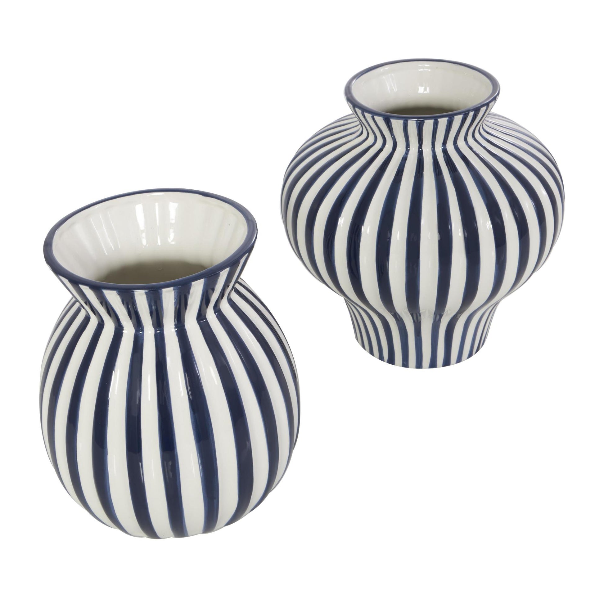 Set of 2 Blue Ceramic Striped Rounded Decorative Vase with Varying Shapes