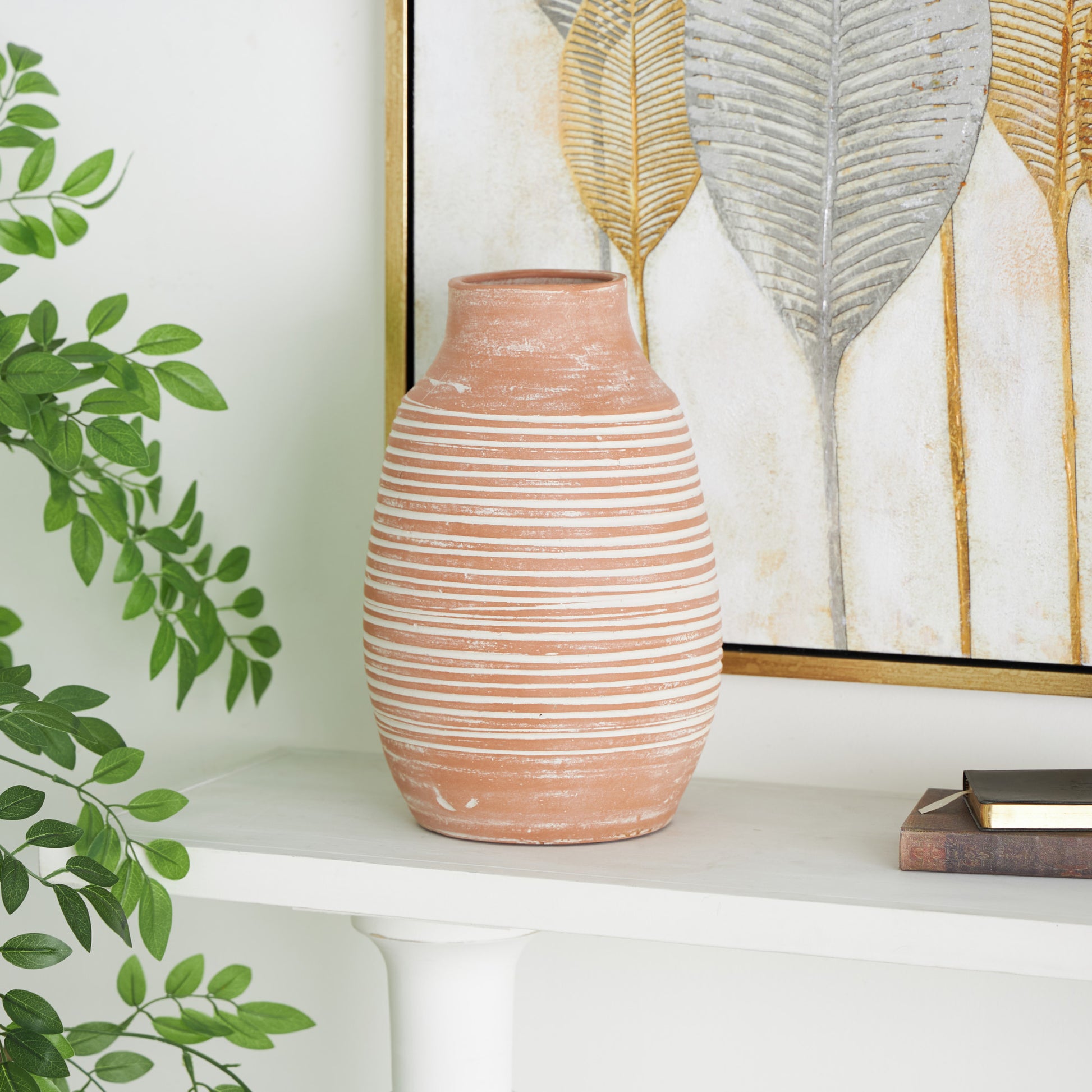 Pink Ceramic Whitewashed Ribbed Decorative Vase
