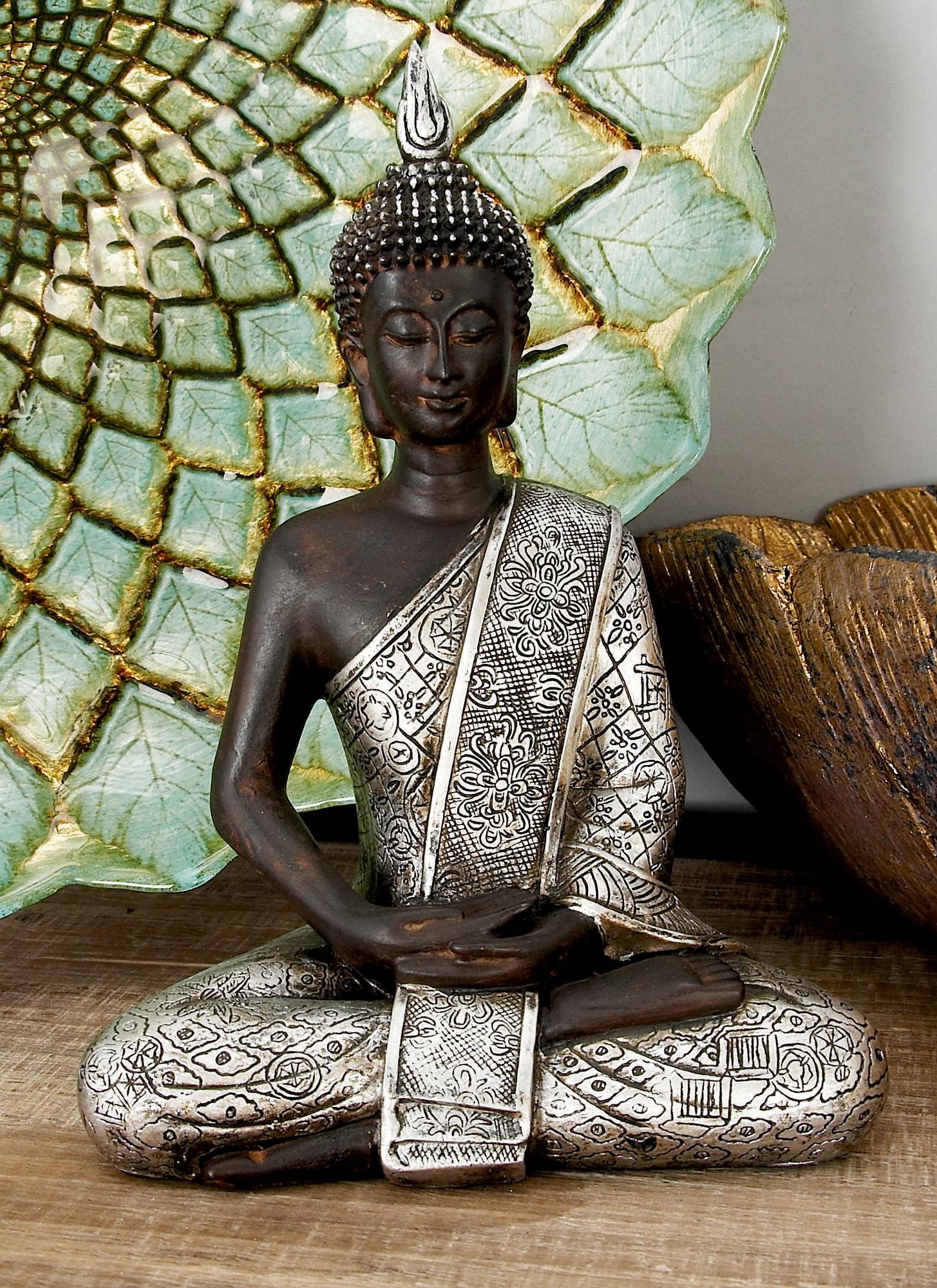 Buddha Silver Polystone Meditating Decorative Sculpture with Engraved Carvings and Relief Detailing