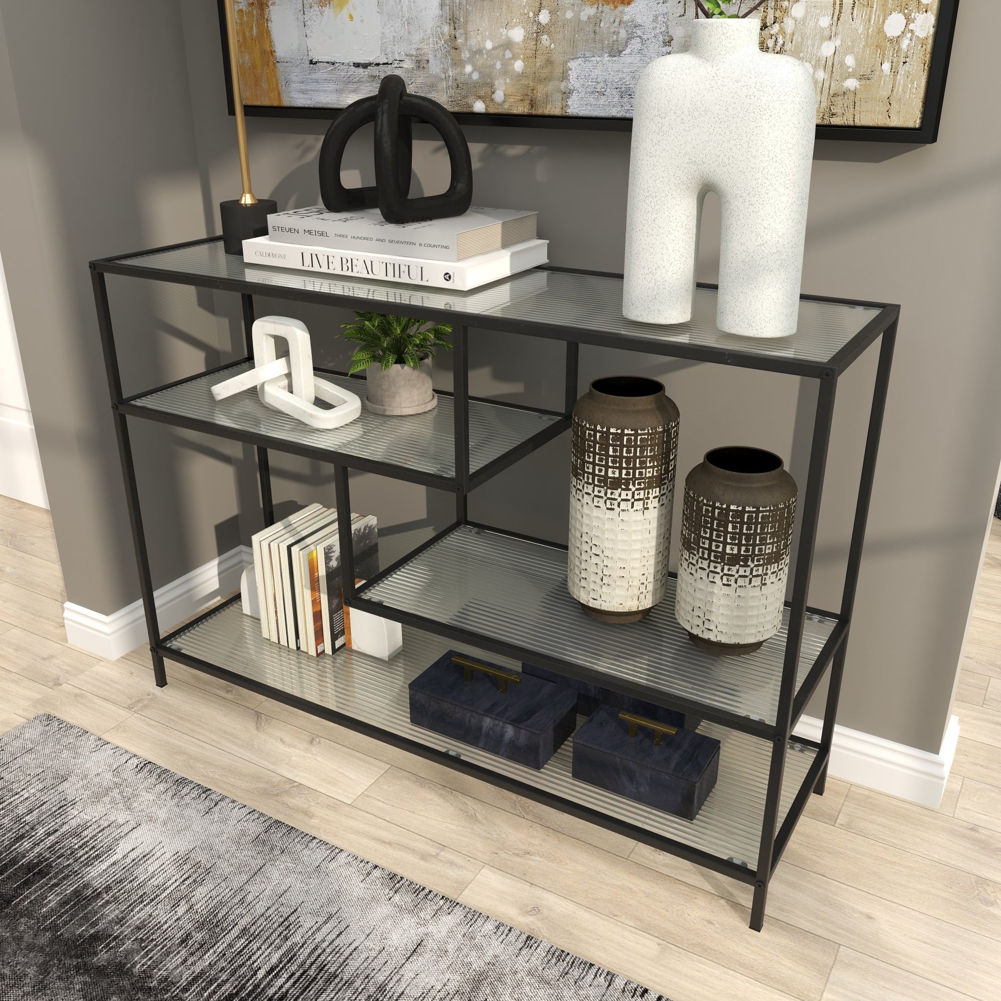 Geometric Black Metal 4 Shelf Living Room Console Table with Clear Glass Shelves