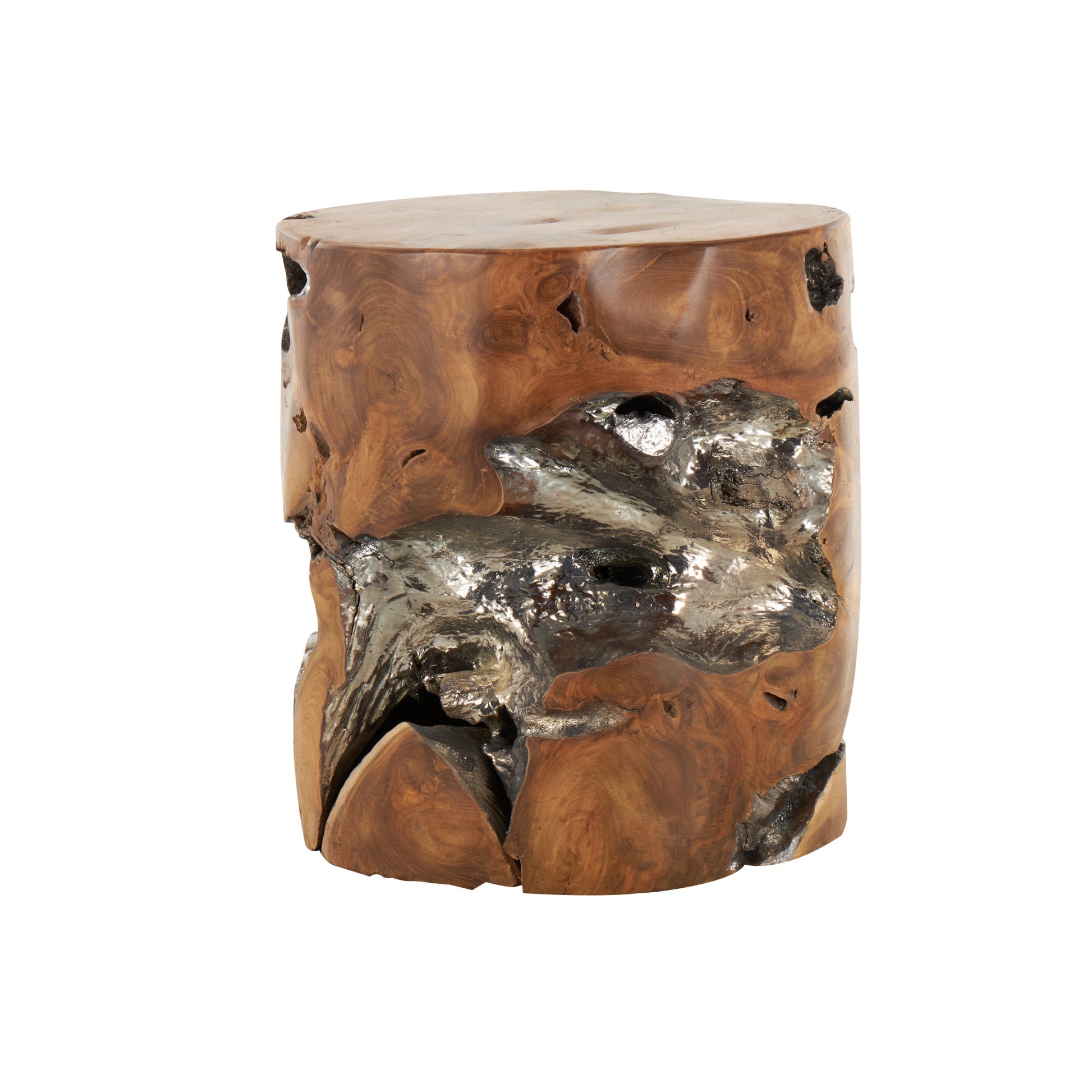 Brown Teak Wood Handmade Live Edge Tree Stump Living Room Stool with Silver Accents