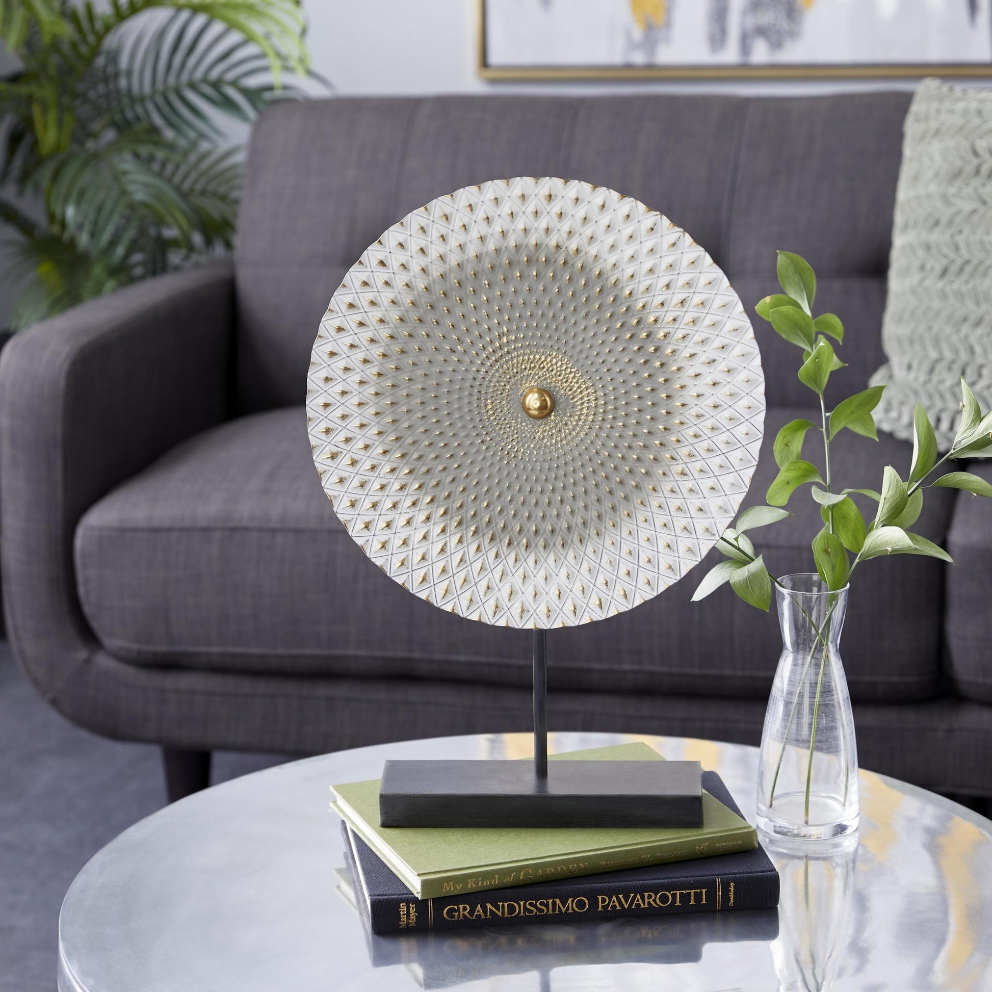 Geometric Gray Metal Decorative Sculpture with Black Base
