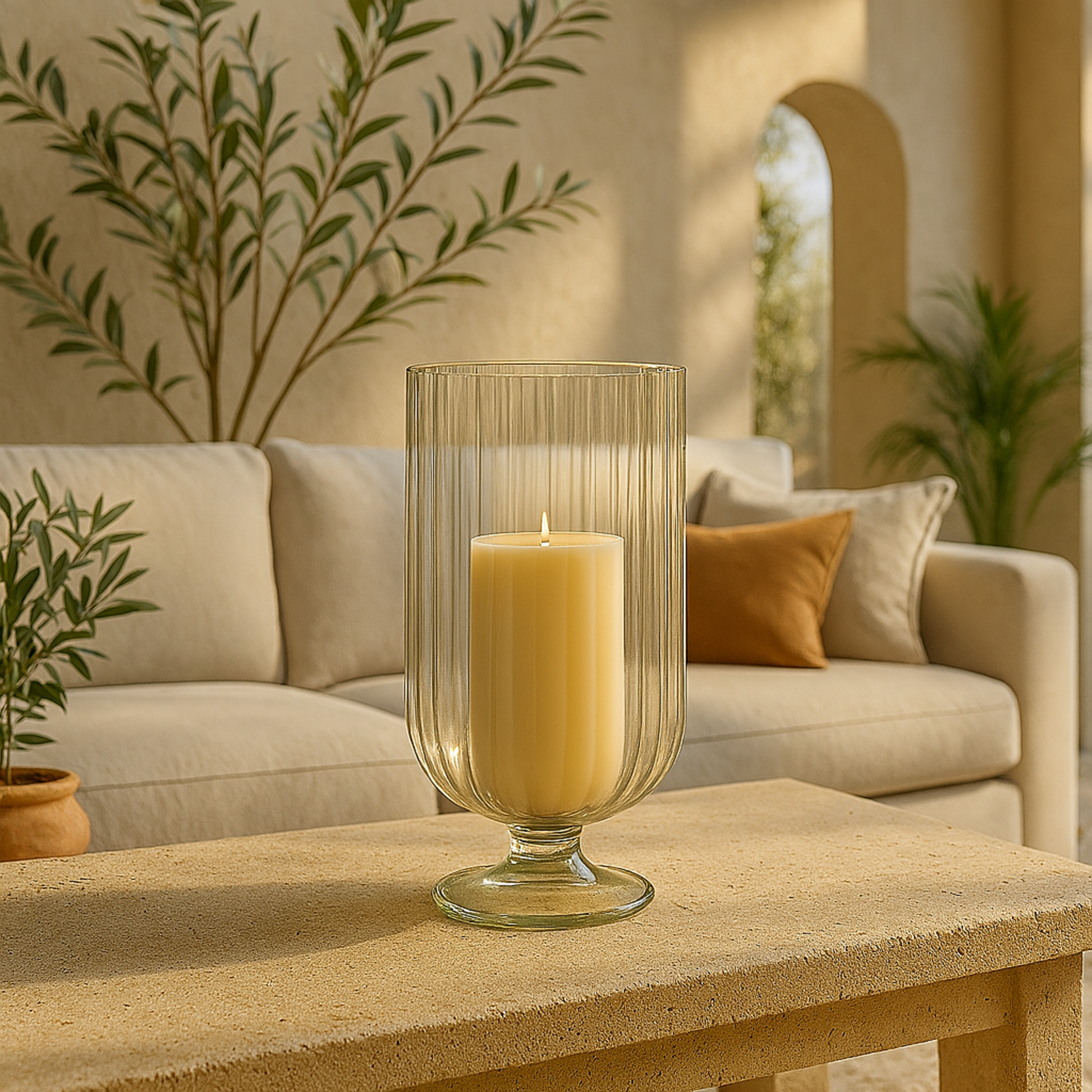 Glass Ribbed Fluted Decorative Candle Holder with Elevated Base 6" x 6" x 11"