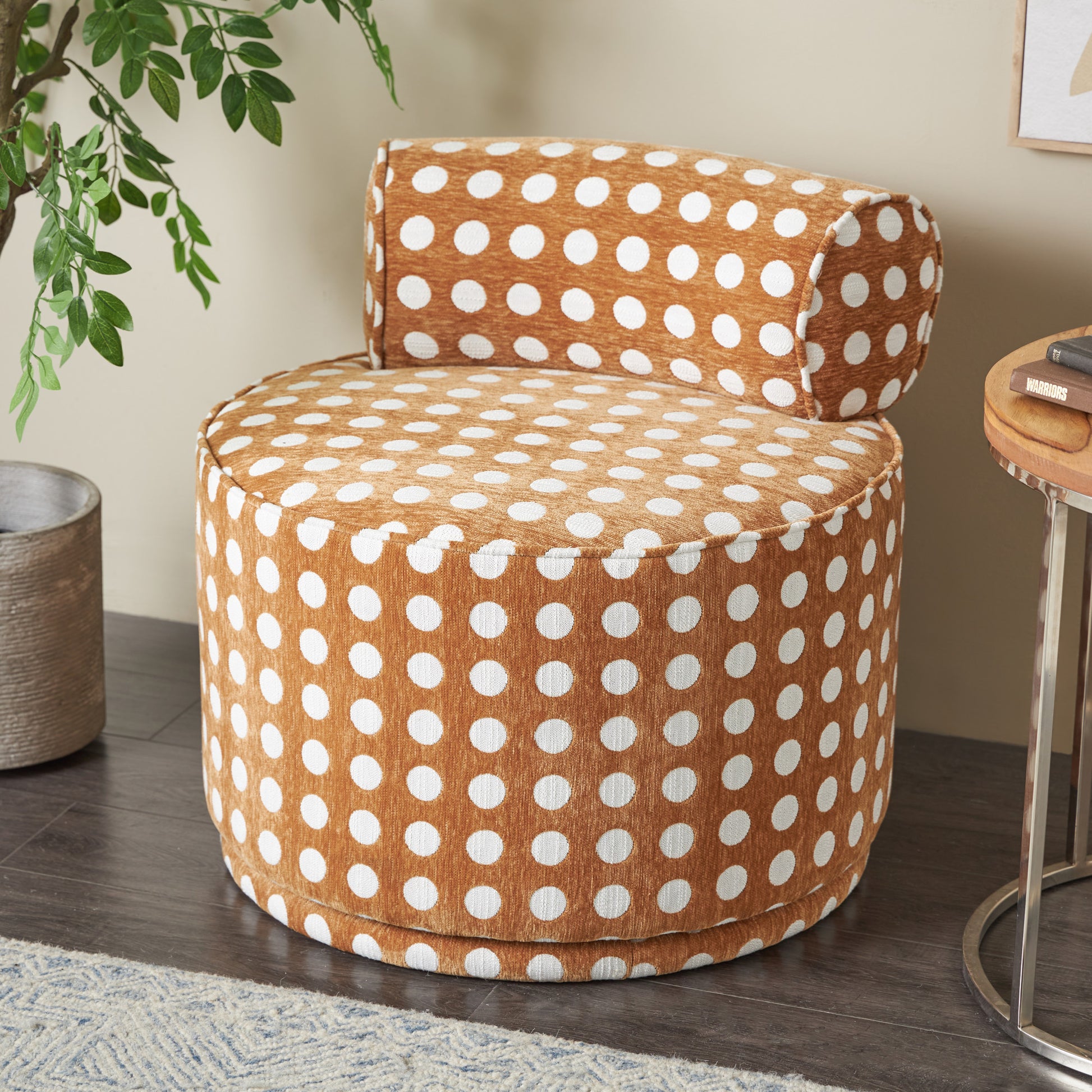 Brown Polyester Round Swivel Boucle Living Room Accent Chair with White Spots