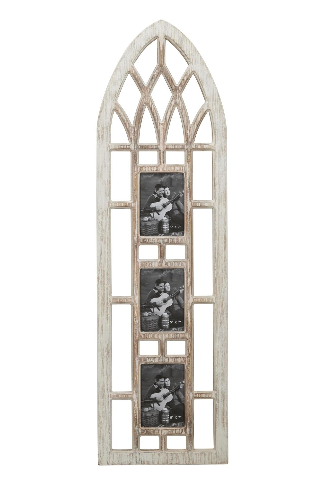 Light Brown Wooden Slim Arched Window Inspired 3 Slot Ornate Wall Photo Frame