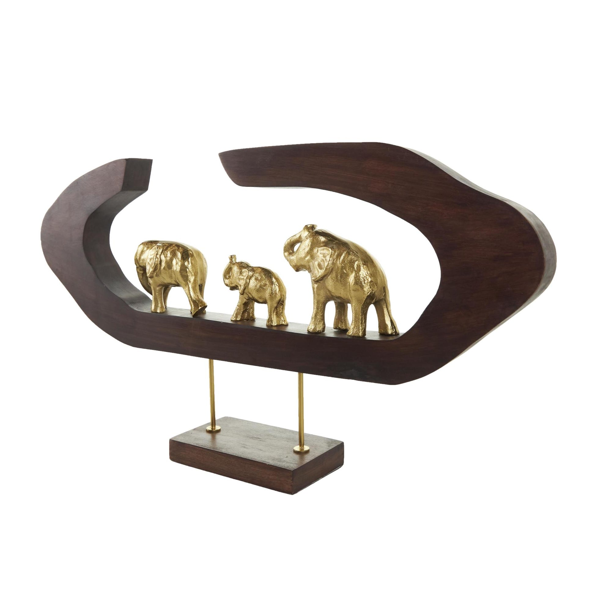 Elephant Gold Aluminum Metal Decorative Sculpture with Brown Wooden Frame
