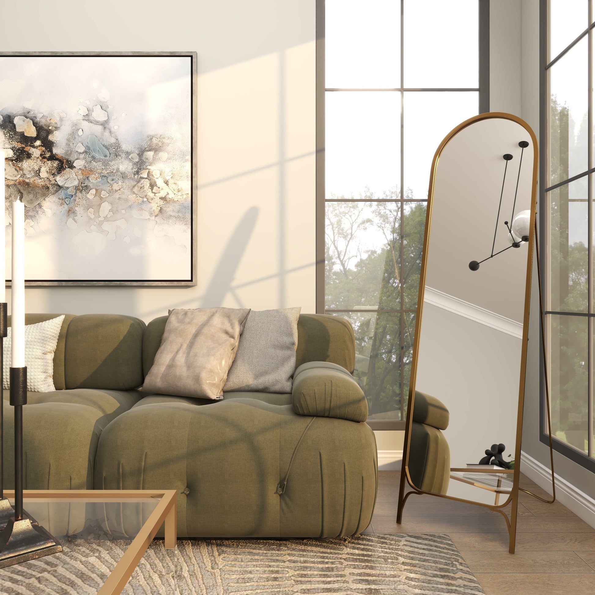 Gold Metal Arched Freestanding Foldable Room Floor Mirror