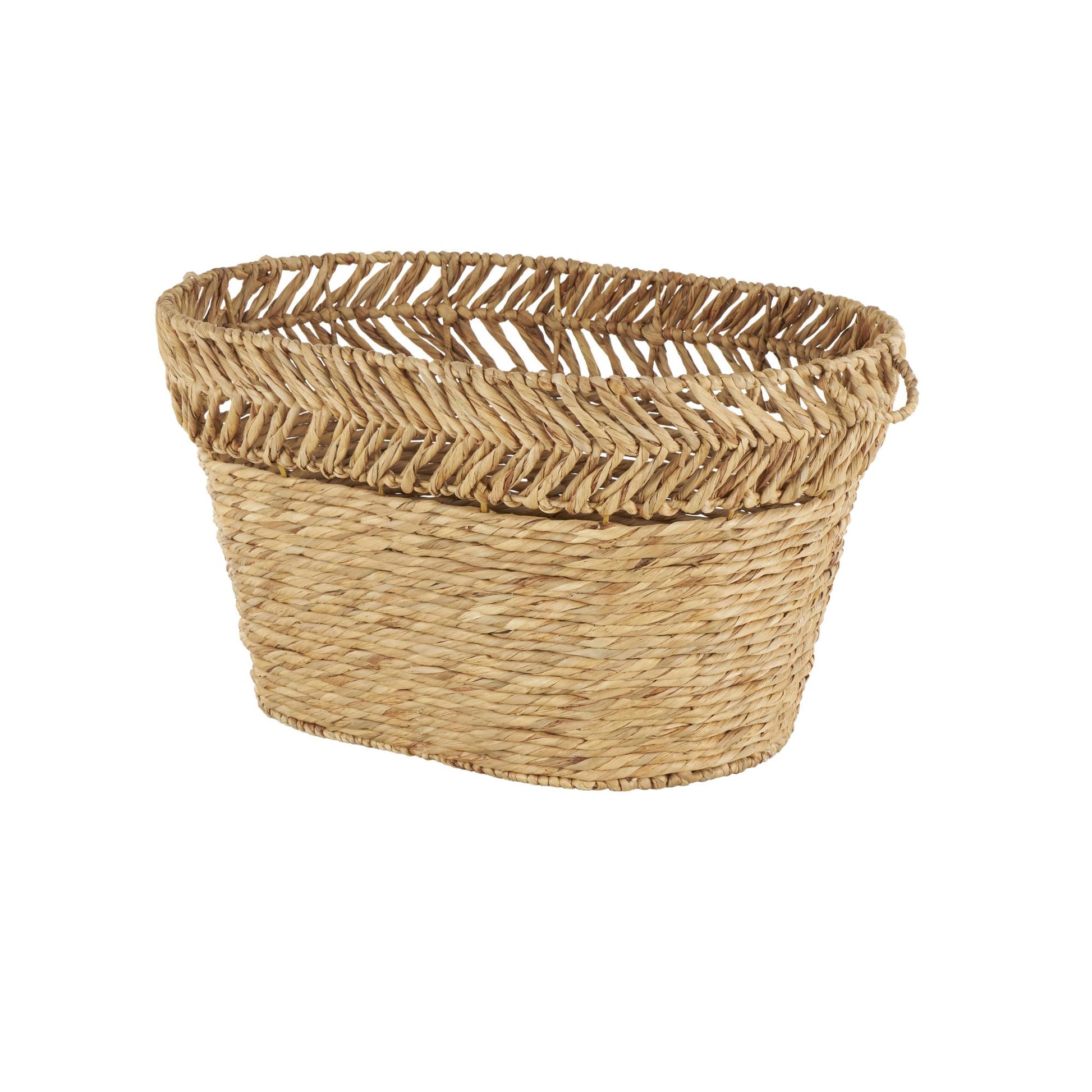 Brown Seagrass Handmade Large Woven Oval Decorative and Functional Storage Basket with Zig Zag Patterned Rim