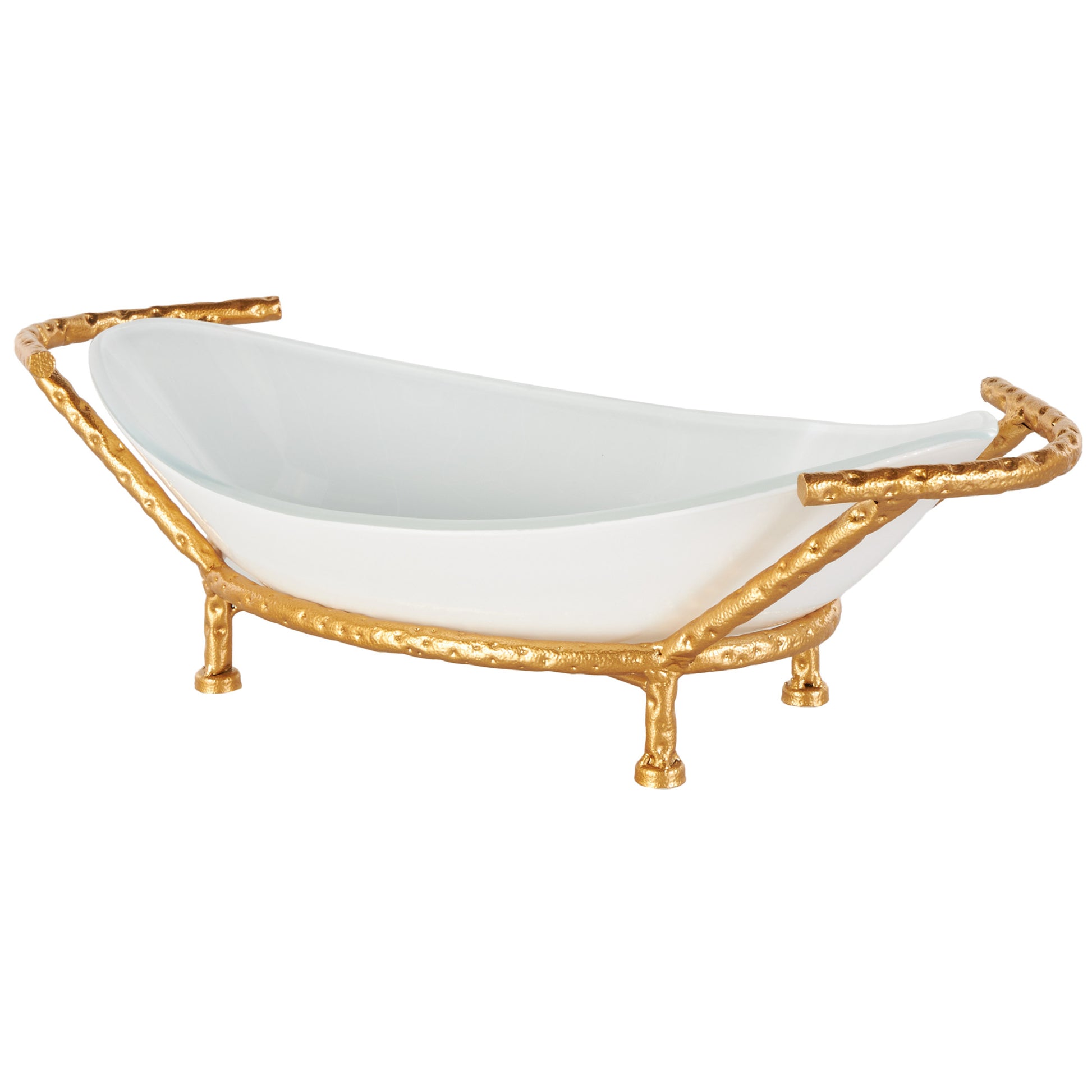 Kitchen White Tempered Glass Decorative Serving Bowl with Gold Metal Stand